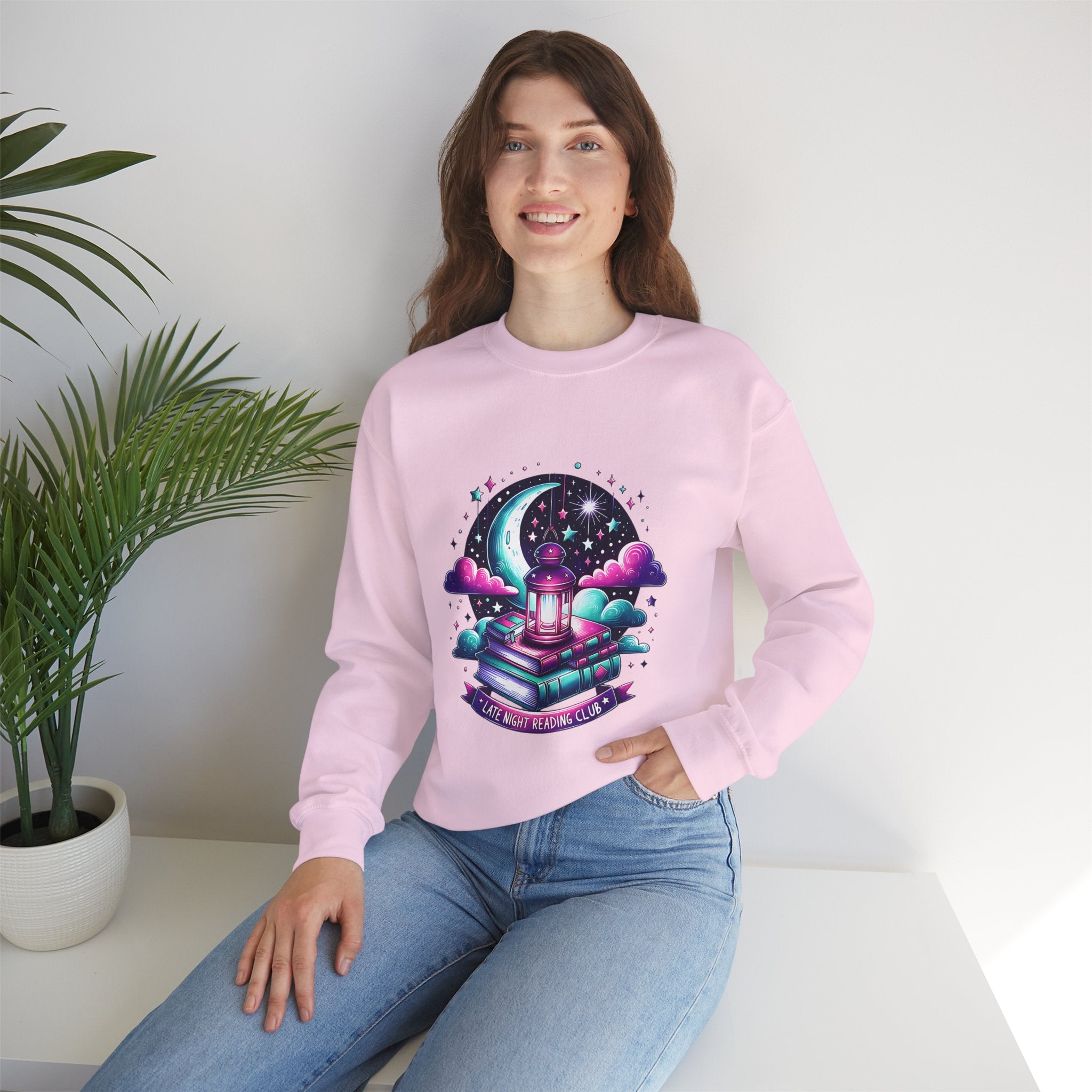 Mystical Reading Crewneck Sweatshirt — "Let Your Magic Bloom" Book & Lantern Design