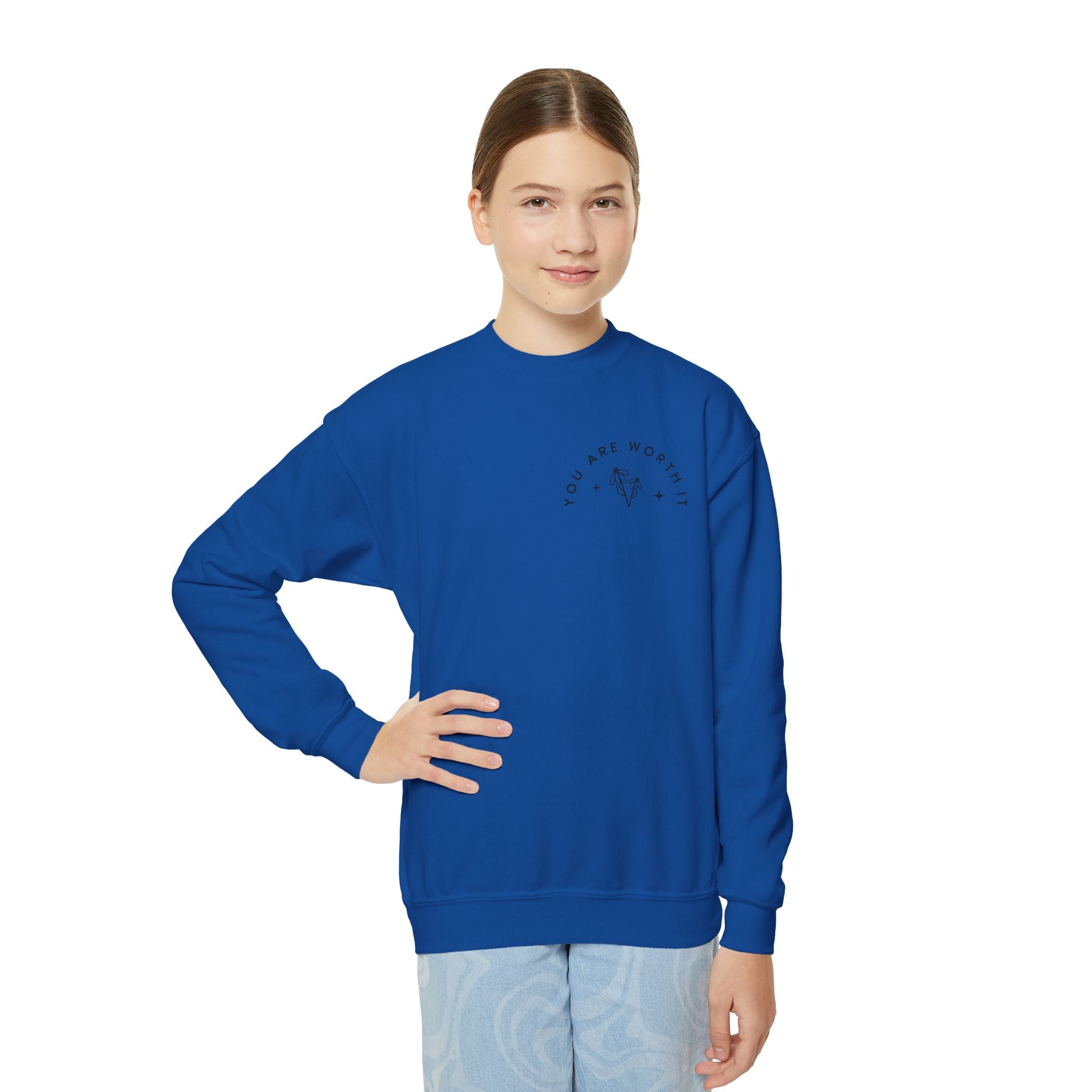 Youth Crewneck Sweatshirt — "You Are Worthy" Floral Graphic Sweatshirt