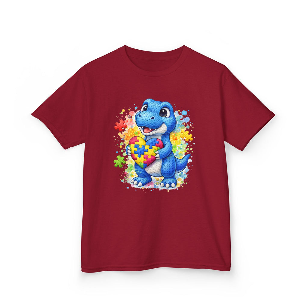 Kids T‑Shirt — Cute Blue Dinosaur Holding Puzzle Heart (Autism Awareness)
