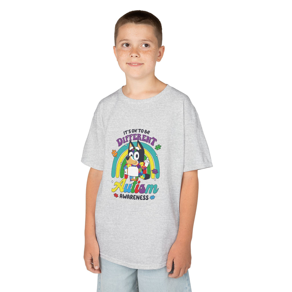 Kids Tee — "It's OK to Be Different" Autism Awareness Rainbow Design