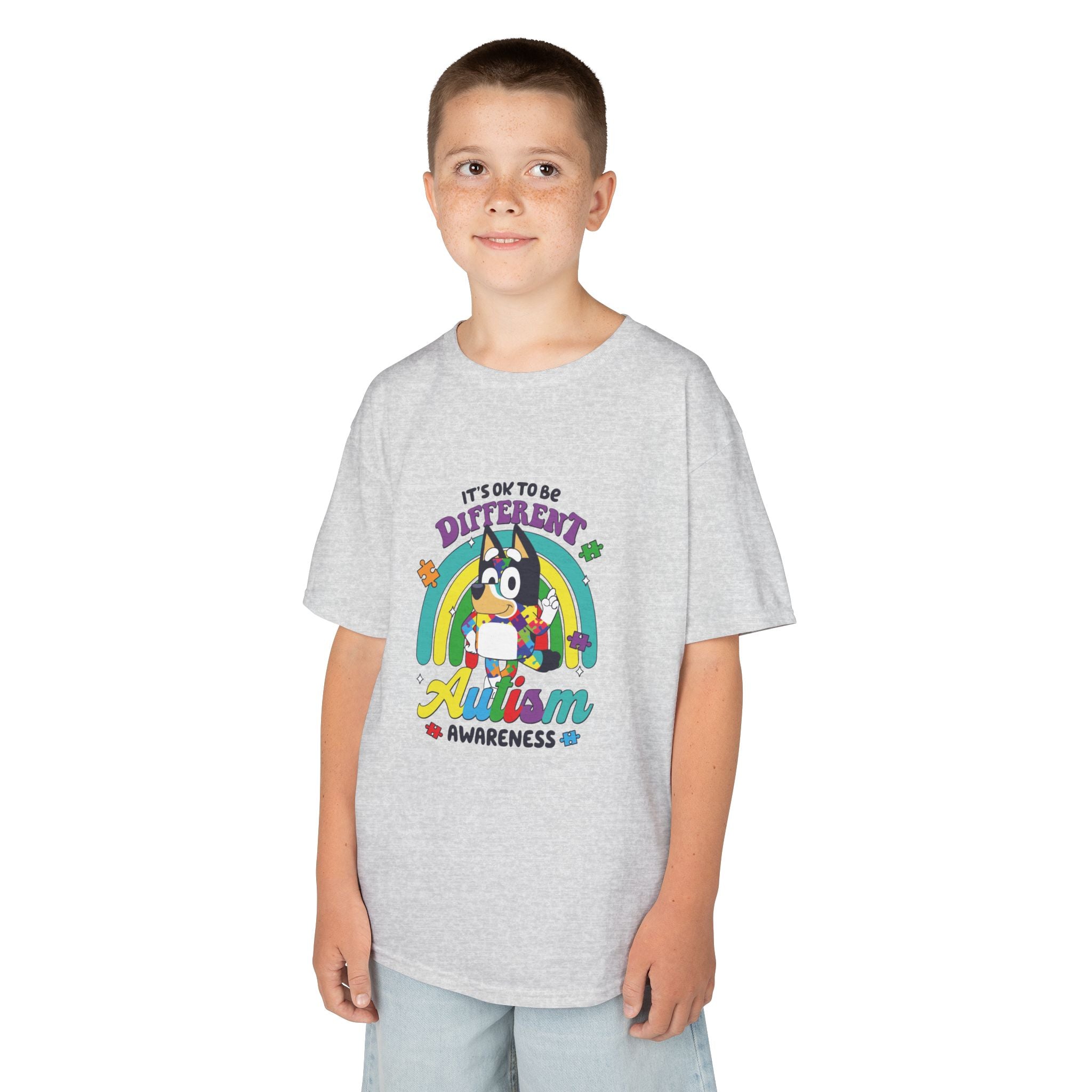 Kids Tee — "It's OK to Be Different" Autism Awareness Rainbow Design