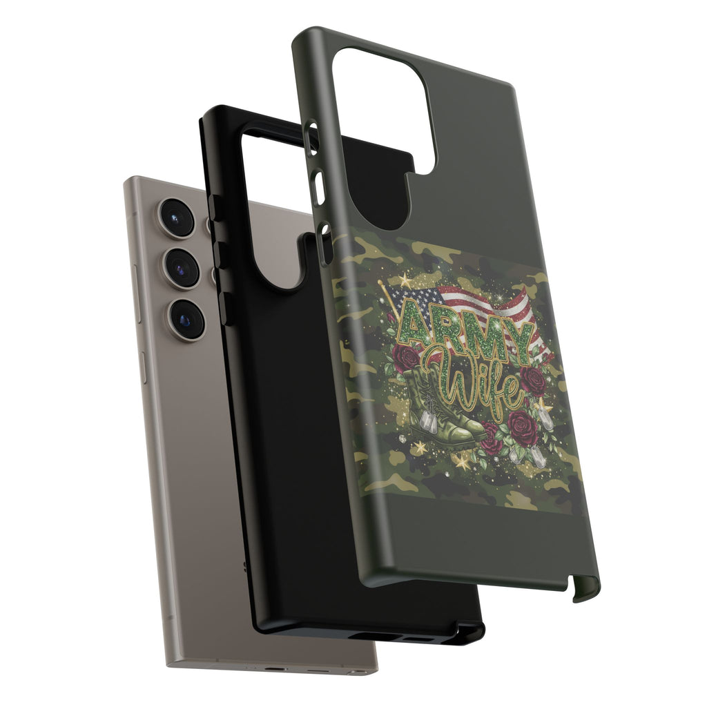 Army Wife Tough Phone Case — Camo Flag Design with Roses