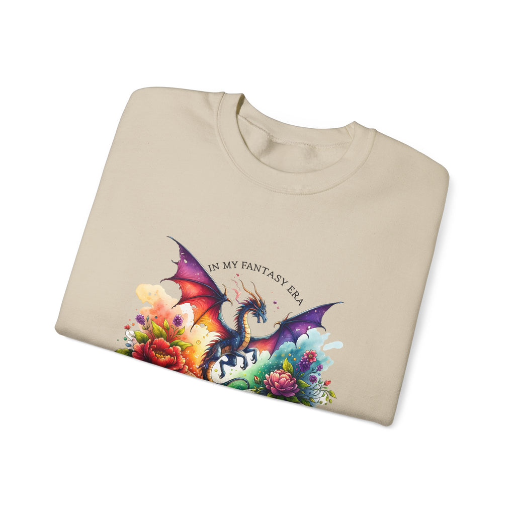 Crewneck Sweatshirt — Fantasy Dragon Emerging From Open Book with Flowers
