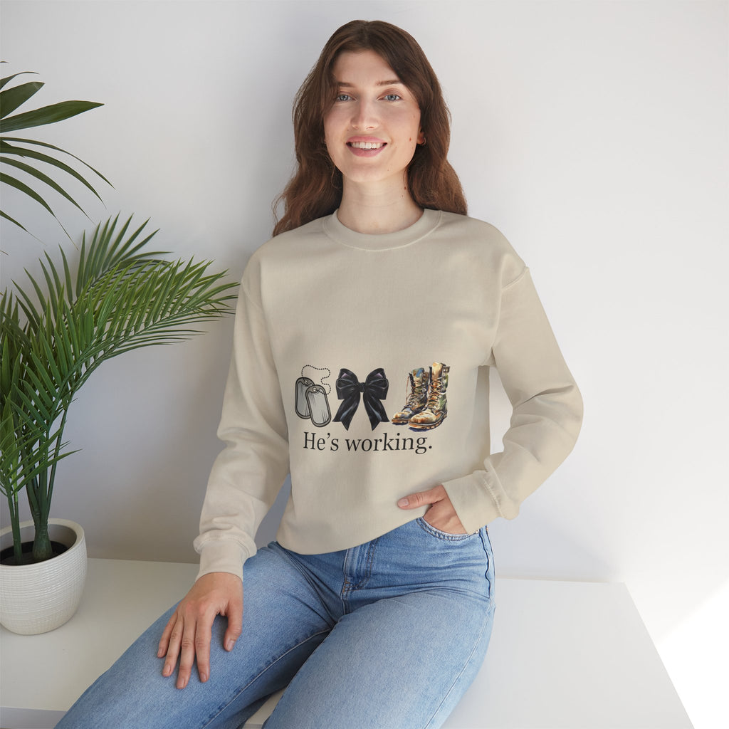 Crewneck Sweatshirt — "He's Working" Graphic with Boots, Bow & Baby Shoes