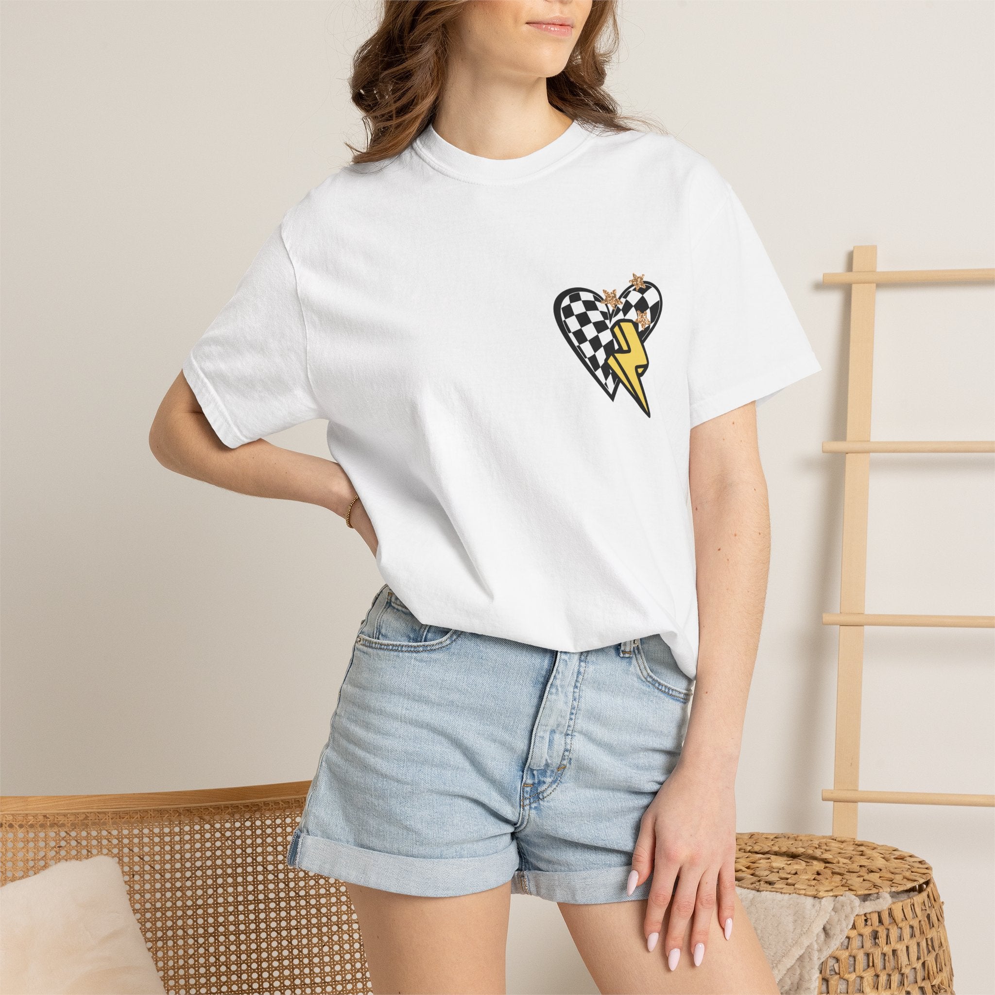 Graphic T-Shirt — Checker Heart & Tiger Collage Design
