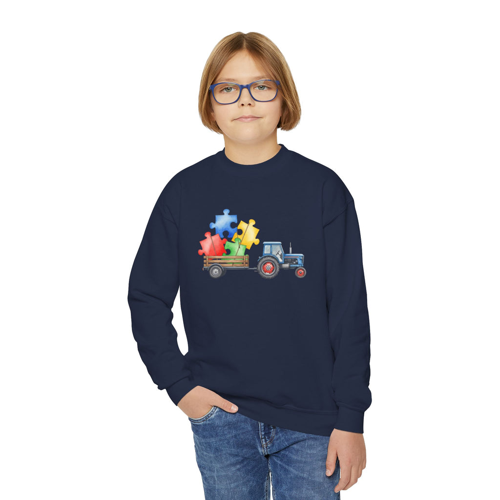 Youth Crewneck Sweatshirt – Tractor with Colorful Puzzle Pieces Kids Pullover (Autism Awareness)