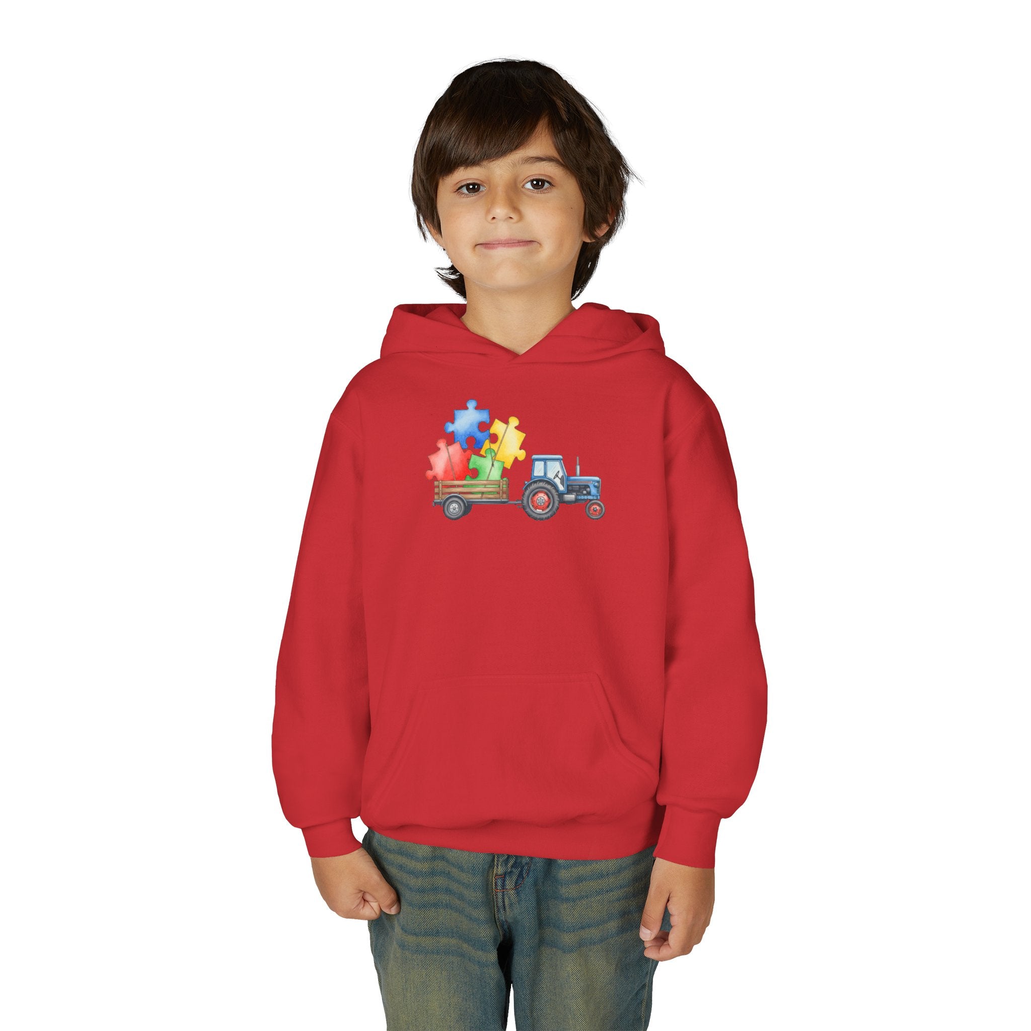 Kids Tractor Hoodie with Colorful Puzzle Pieces — Autism Awareness Youth Sweatshirt