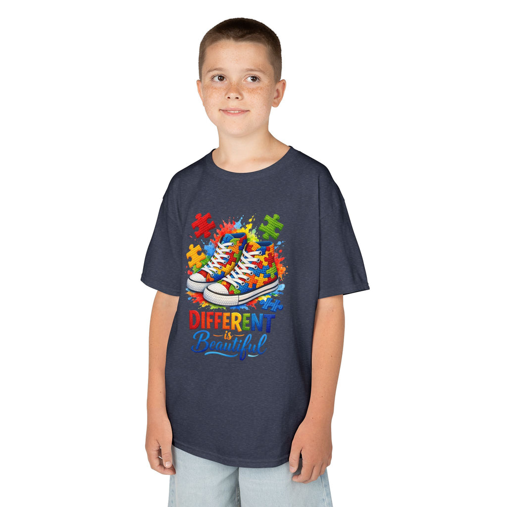 Kids T‑Shirt — 'Different Beautiful' Autism Awareness Sneakers Design