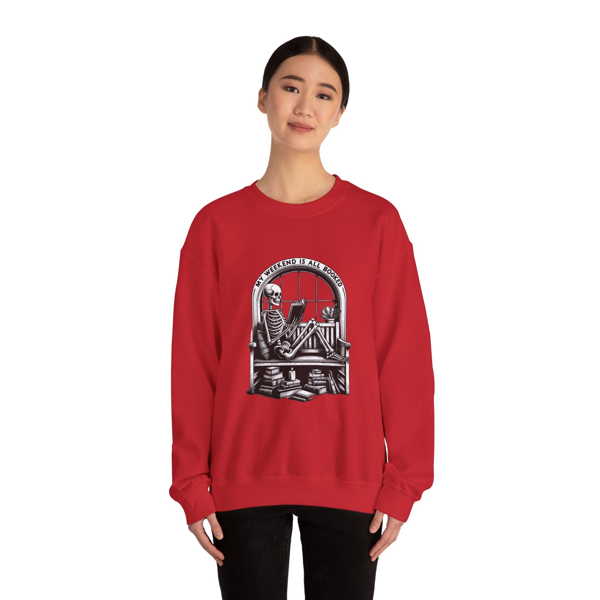 Skeleton Reading Sweatshirt — "My Weekend Is All Booked" Cozy Crewneck