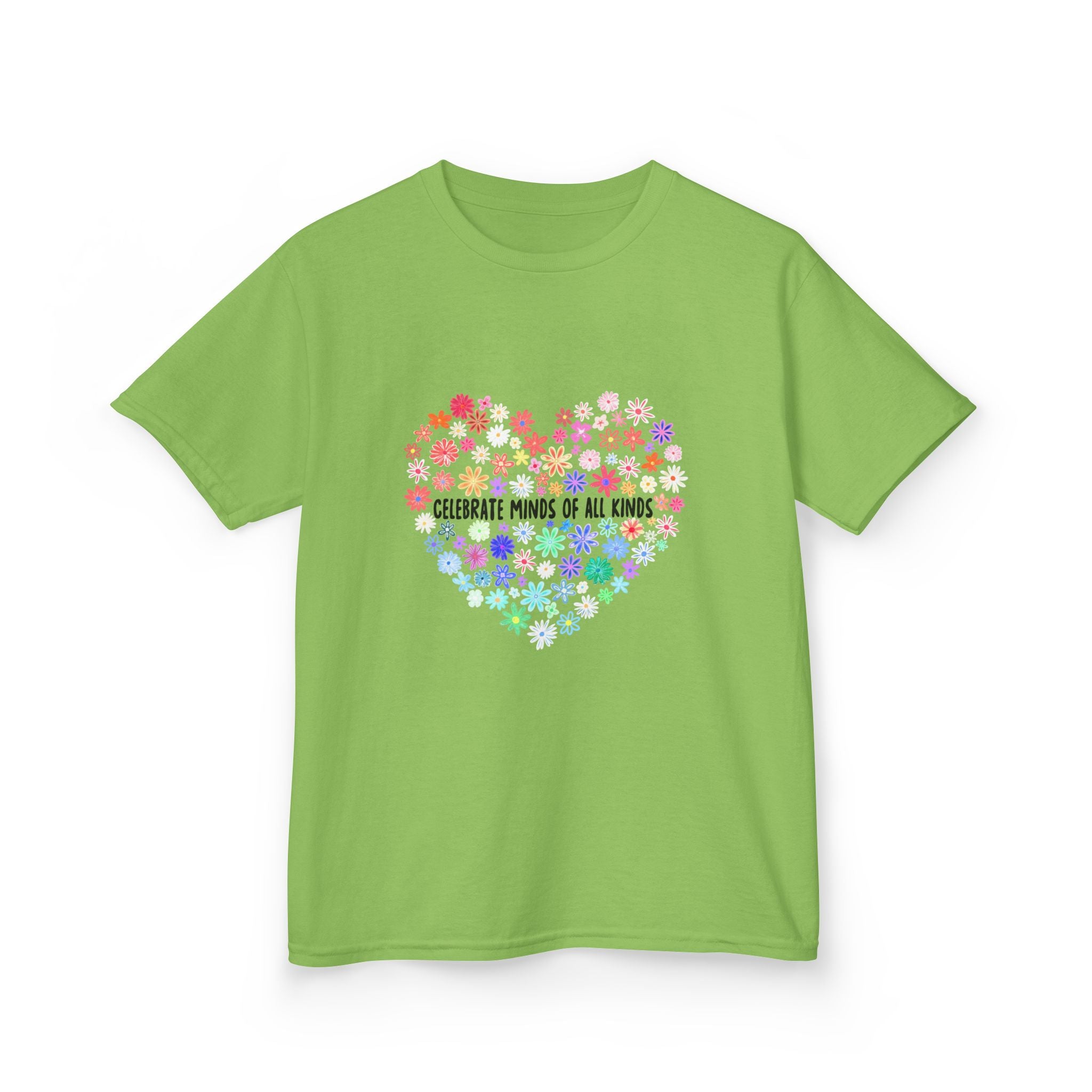 Kids T-Shirt — "Celebrate Minds of All Kinds" Rainbow Flower Heart