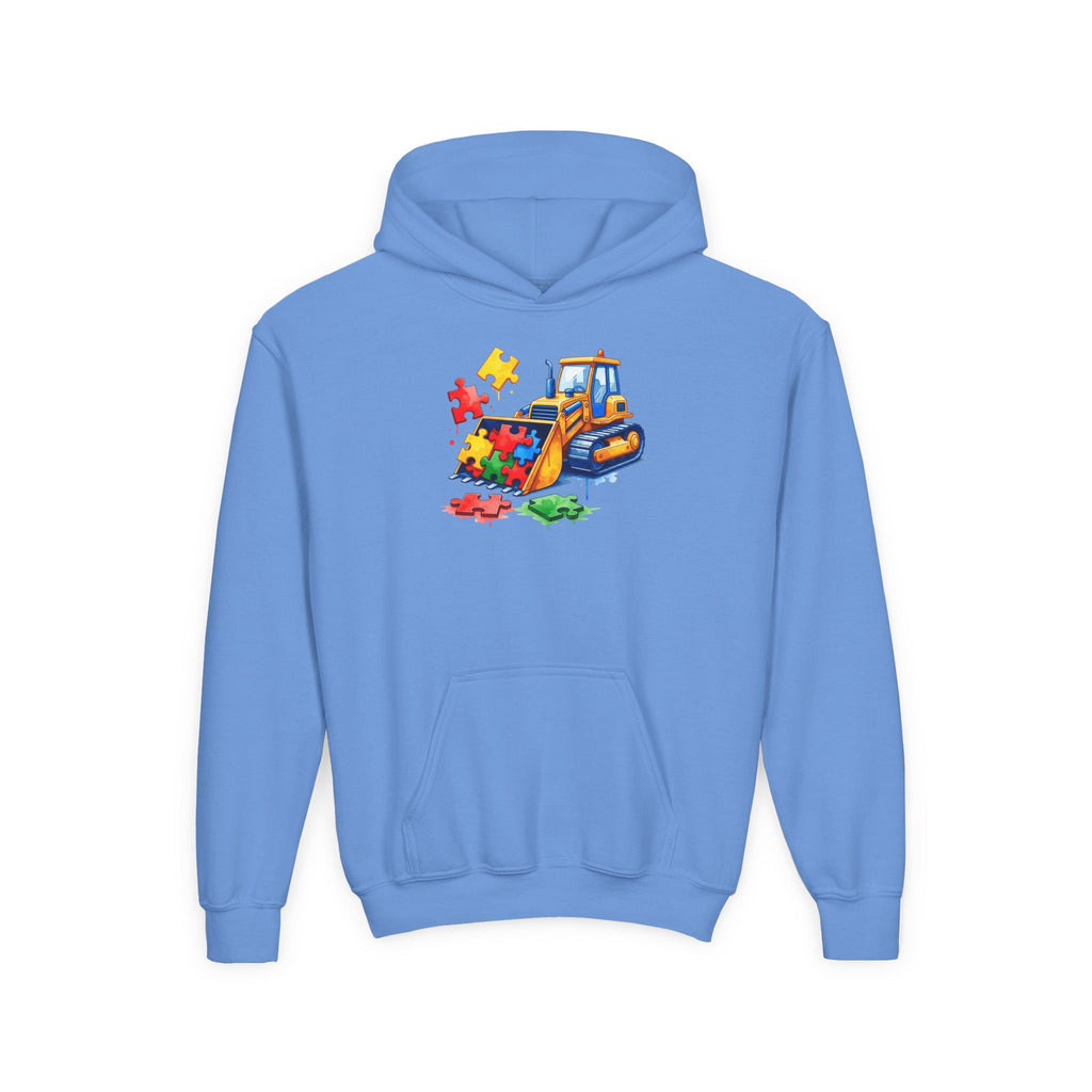 Youth Puzzle Bulldozer Hoodie — Kids Construction Truck Sweatshirt