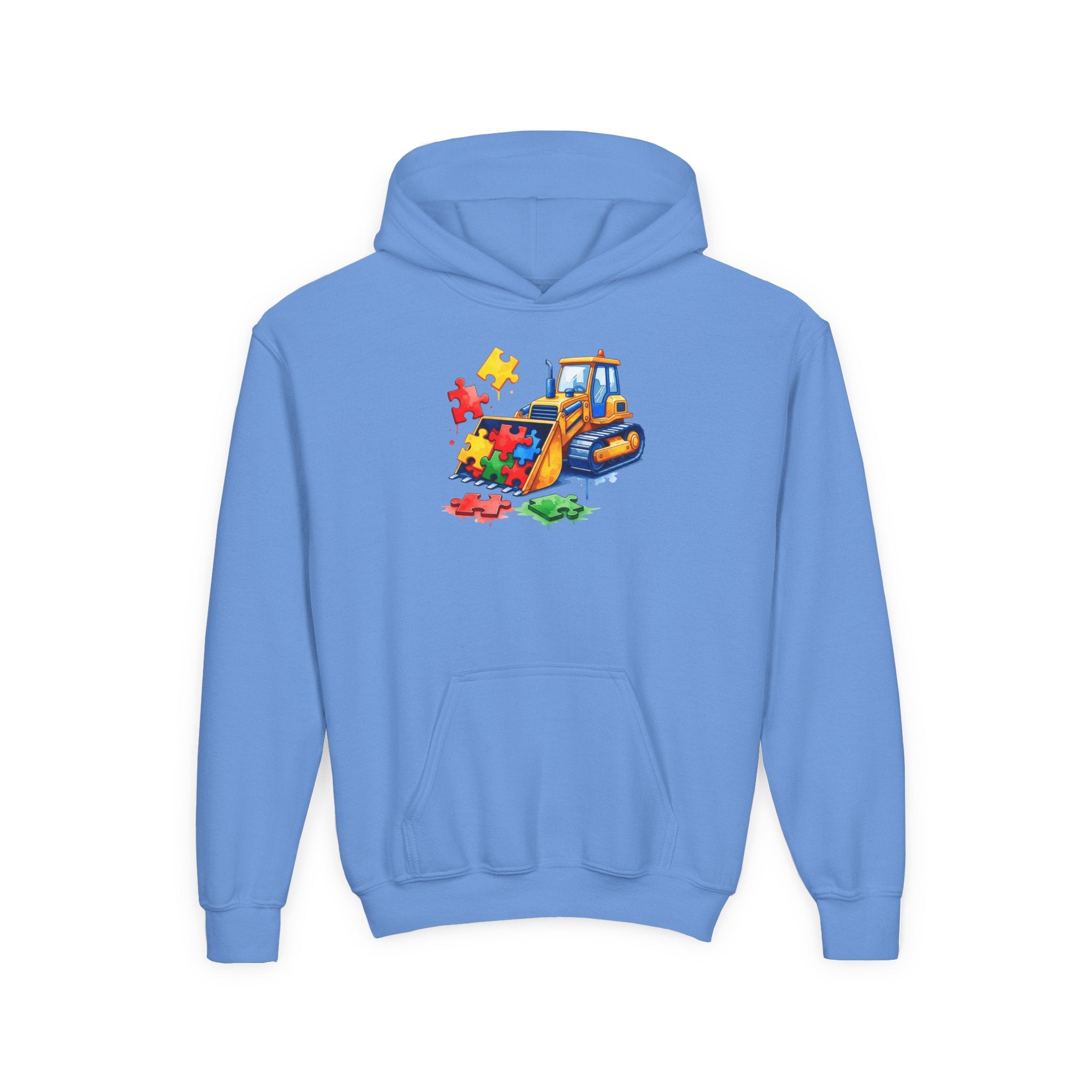 Youth Puzzle Bulldozer Hoodie — Kids Construction Truck Sweatshirt