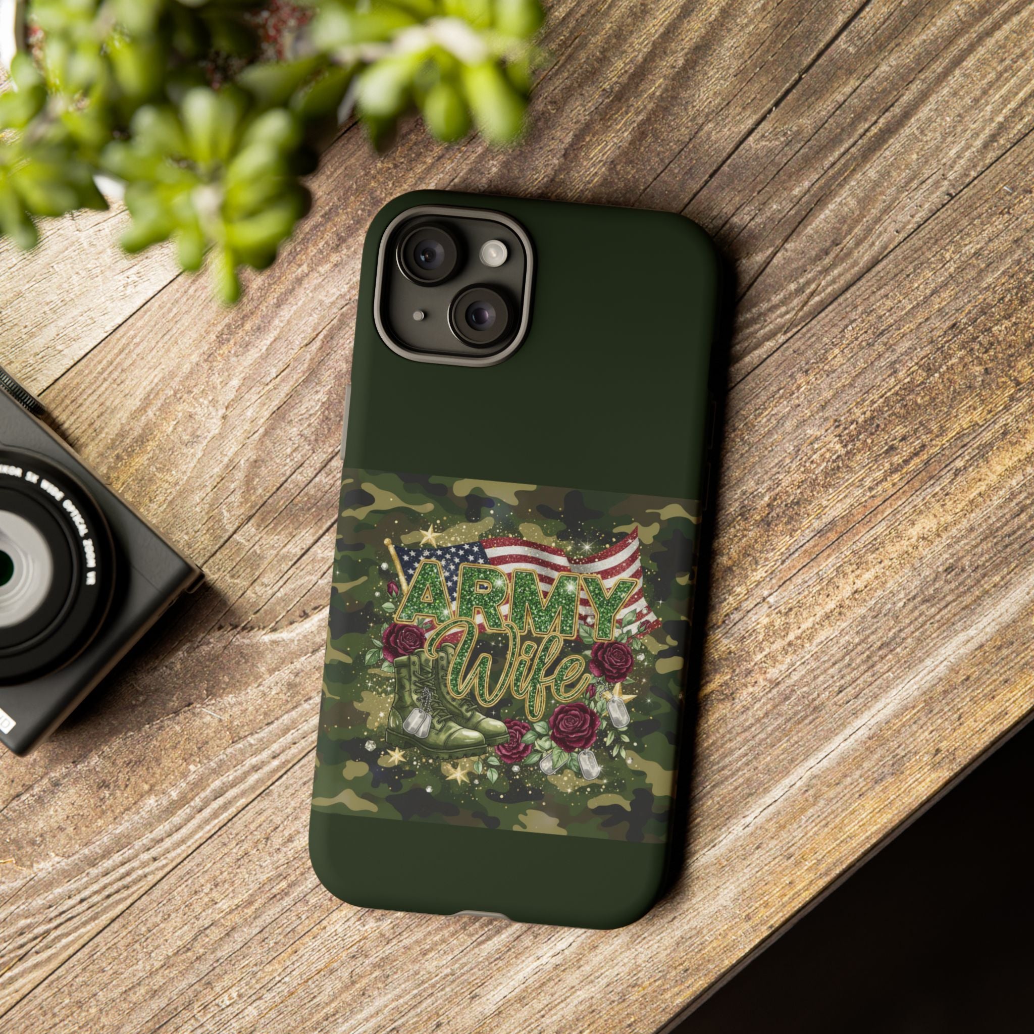 Army Wife Tough Phone Case — Camo Flag Design with Roses