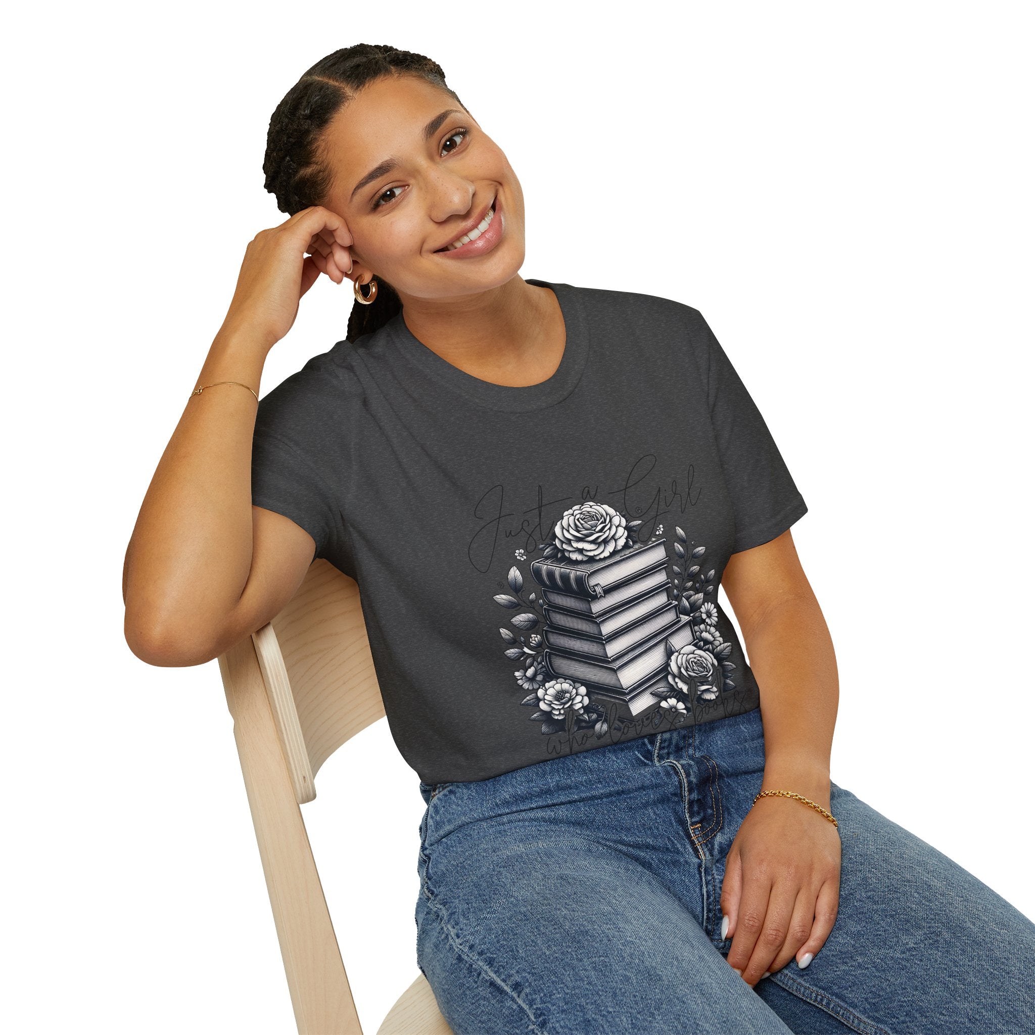 Book Lover T-Shirt — "Just a Girl Who Loves Books" Floral Stack Design