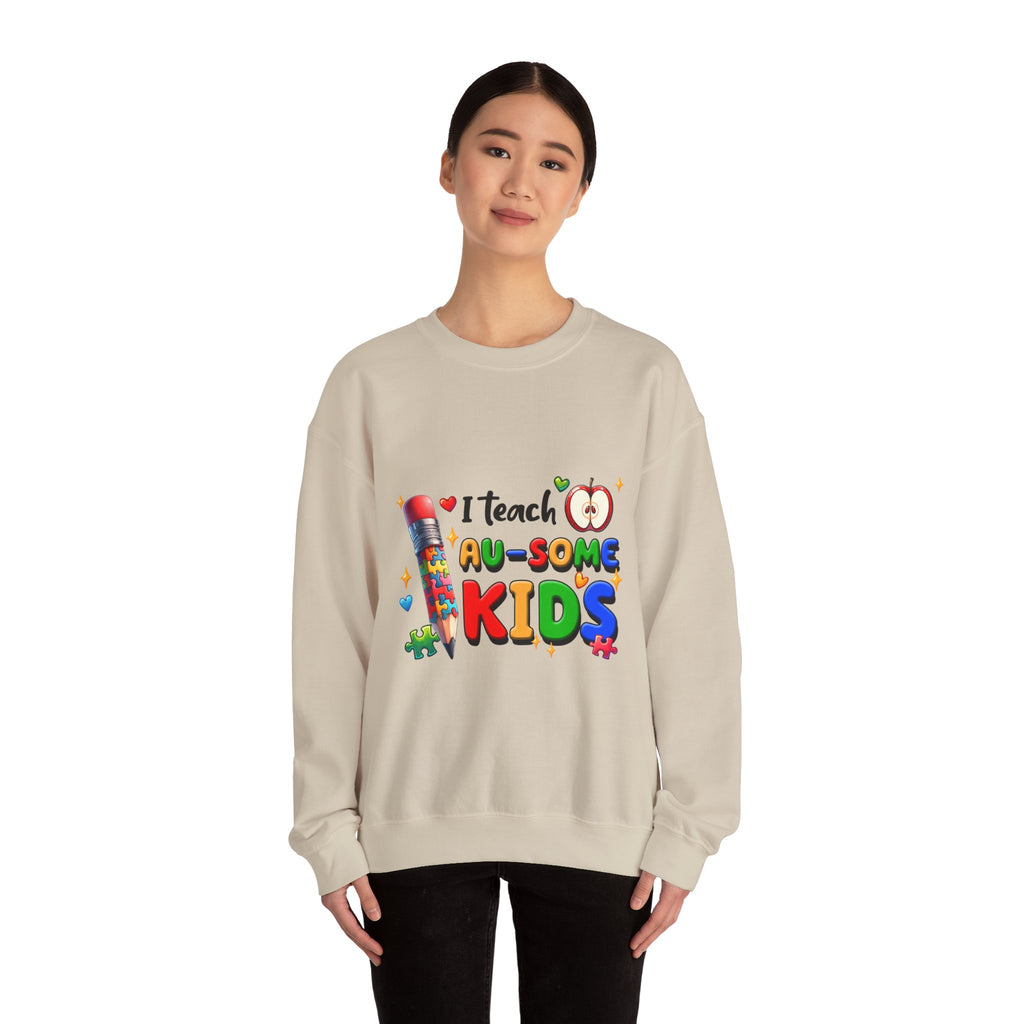Teacher Crewneck Sweatshirt — “I Teach Au-some Kids” Colorful Autism Awareness Design