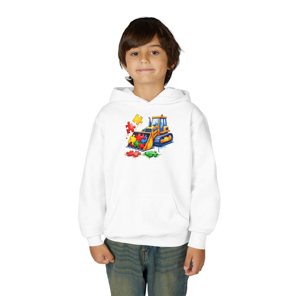 Youth Puzzle Bulldozer Hoodie — Kids Construction Truck Sweatshirt