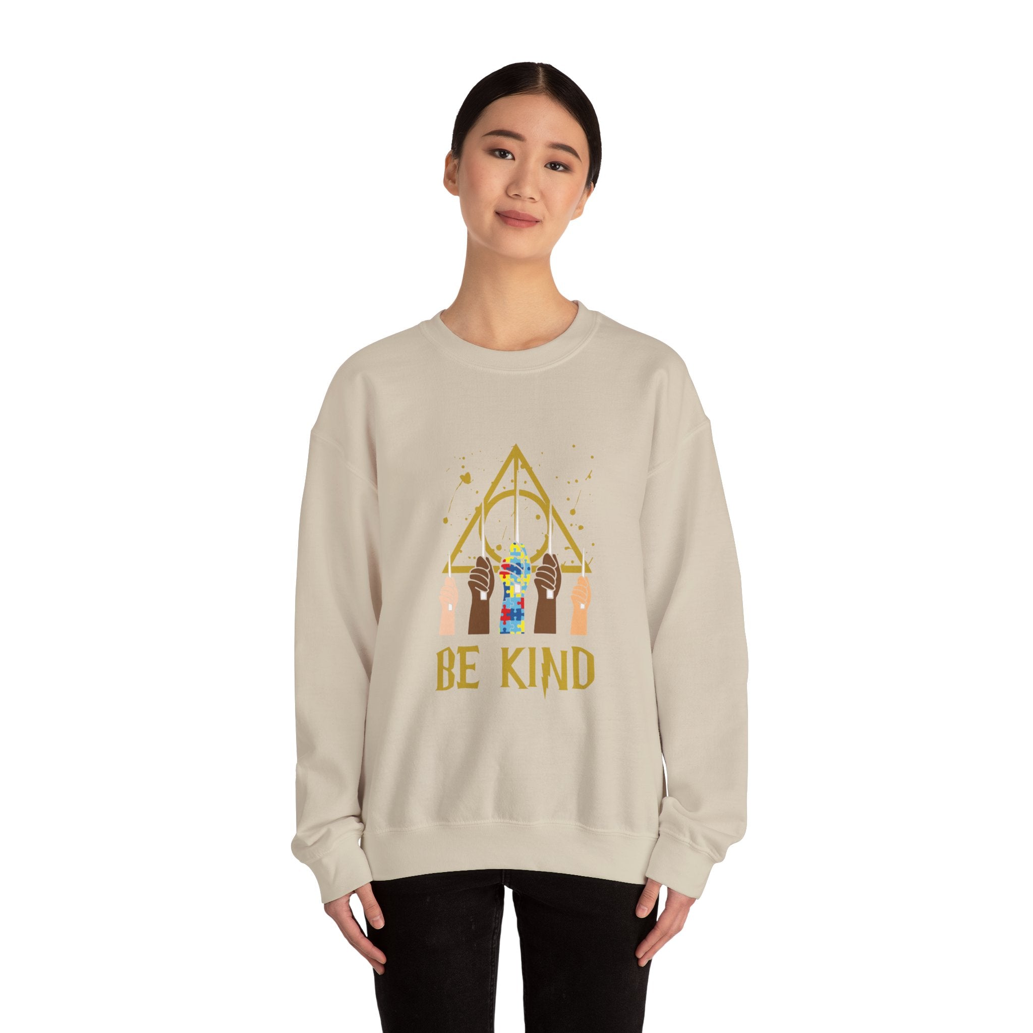 Be Kind Crewneck Sweatshirt – Inclusive Hands & Golden Emblem
