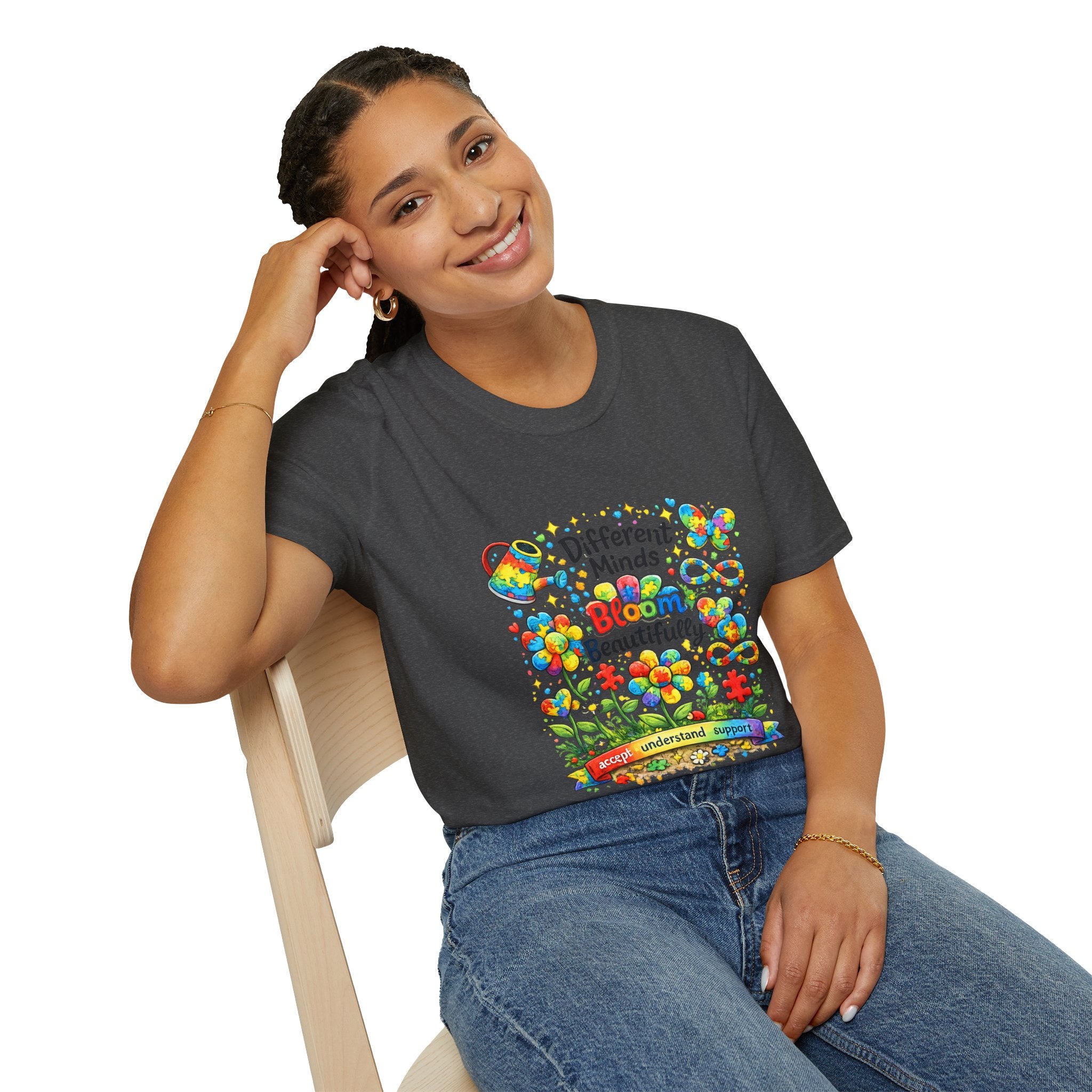 Autism Awareness T-Shirt – "Different Minds Bloom Beautifully" Colorful Puzzle Heart Design