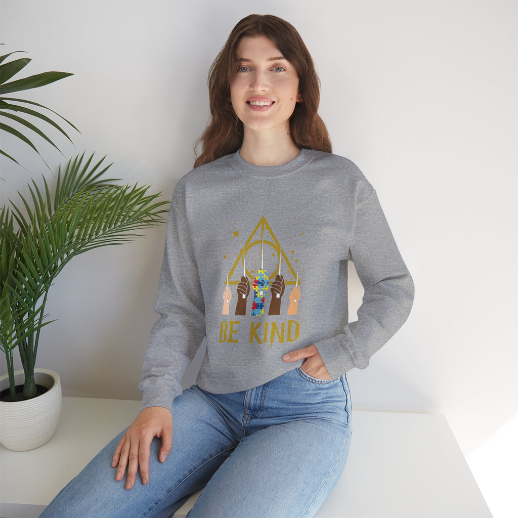 Be Kind Crewneck Sweatshirt – Inclusive Hands & Golden Emblem