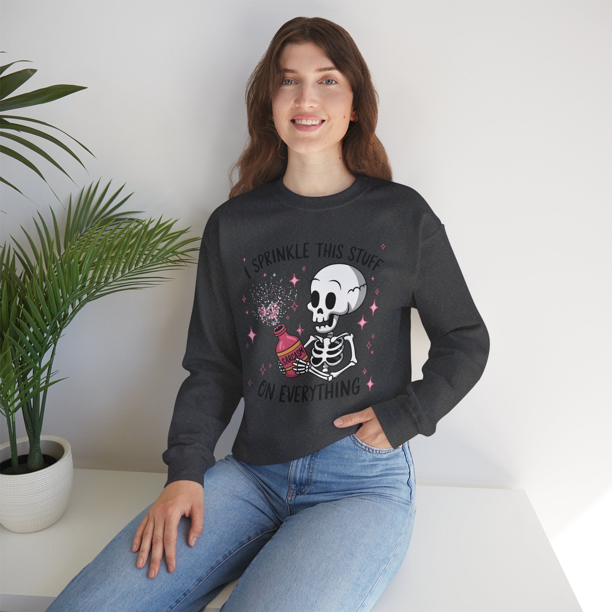 Sweatshirt — 'I Sprinkle This Stuff On Everything' Cute Skeleton Graphic Crewneck