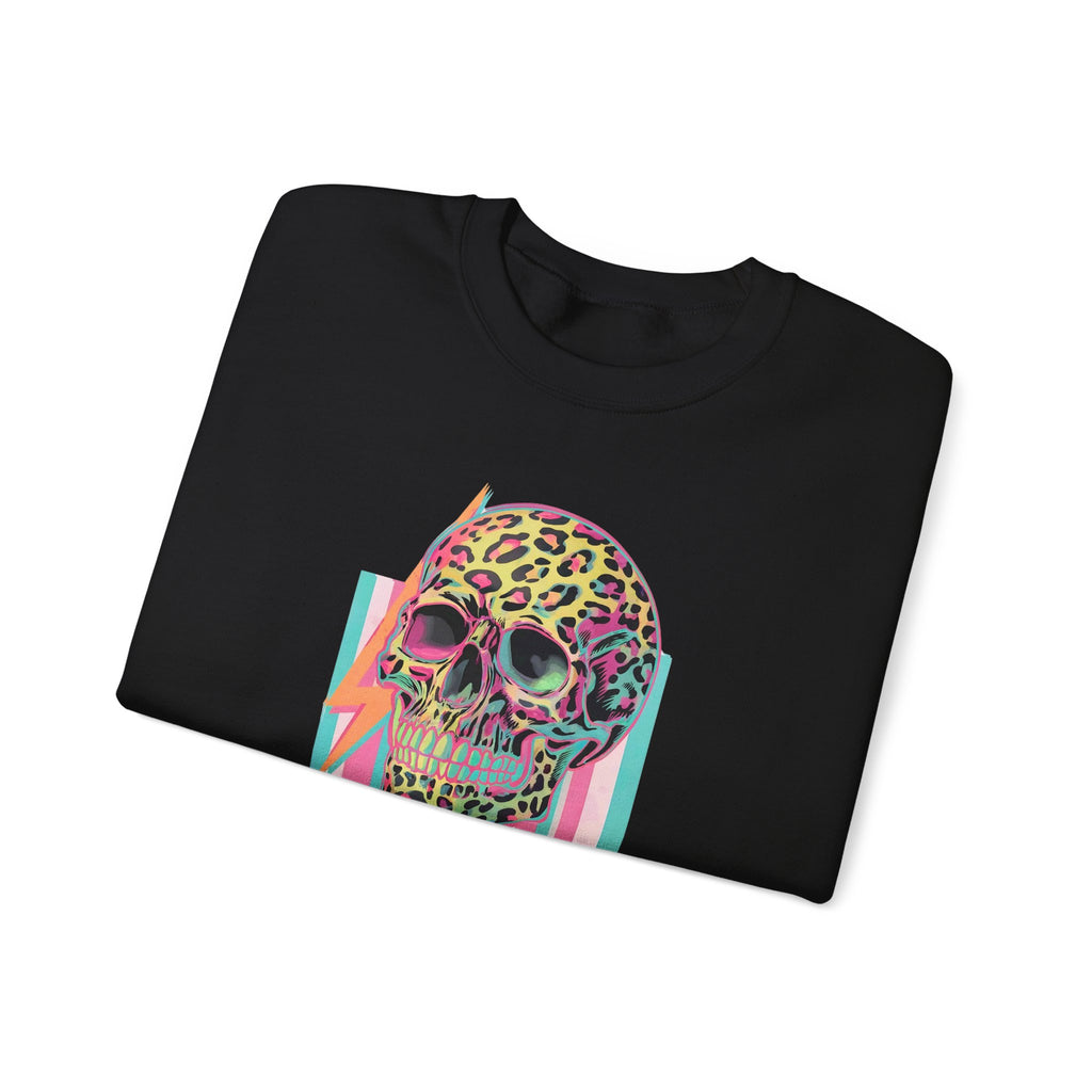 Stressed Since Birth Skull Crewneck Sweatshirt — Retro Neon Leopard Skull Pullover