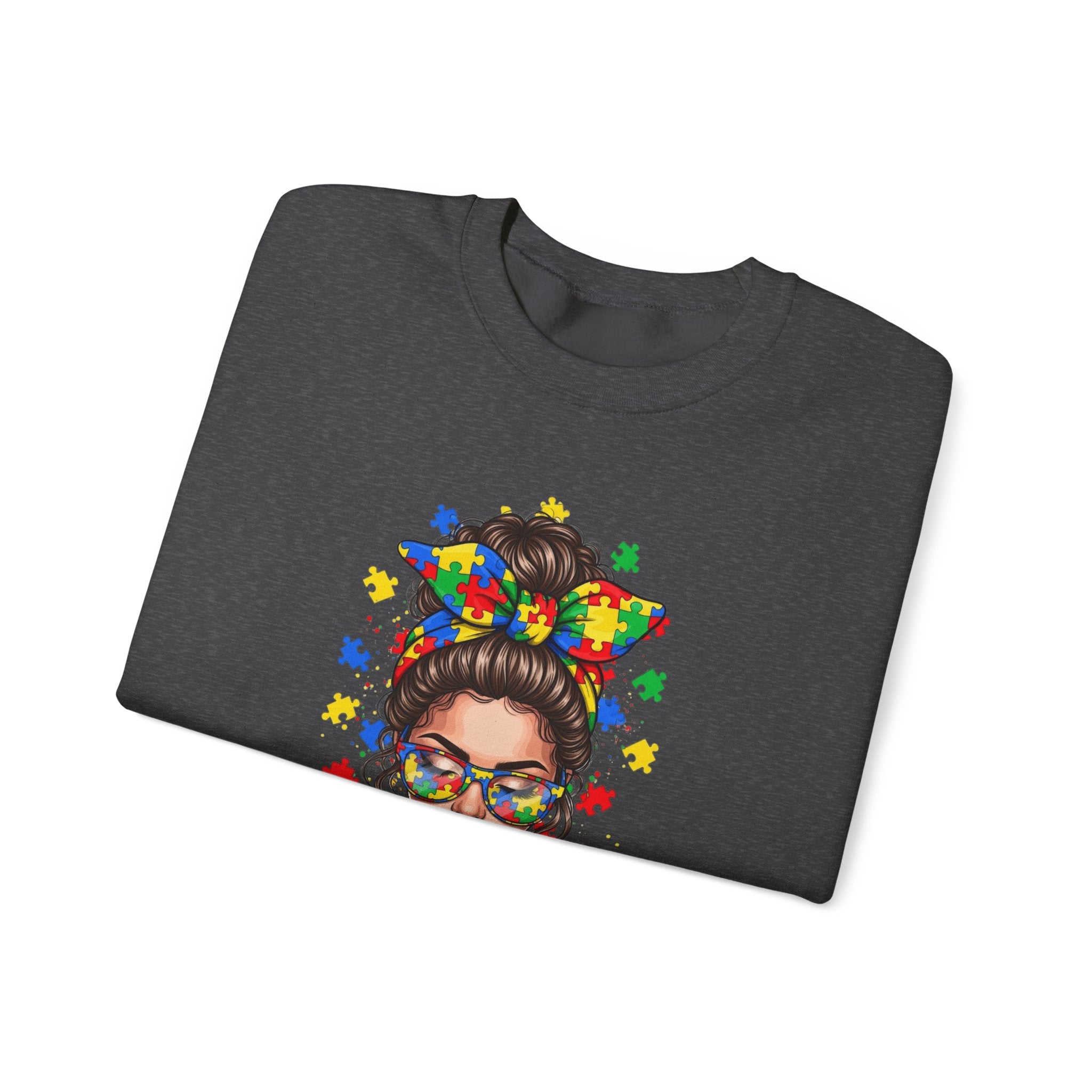 Autism Pride Crewneck Sweatshirt – Colorful Puzzle Ribbon Girl Design