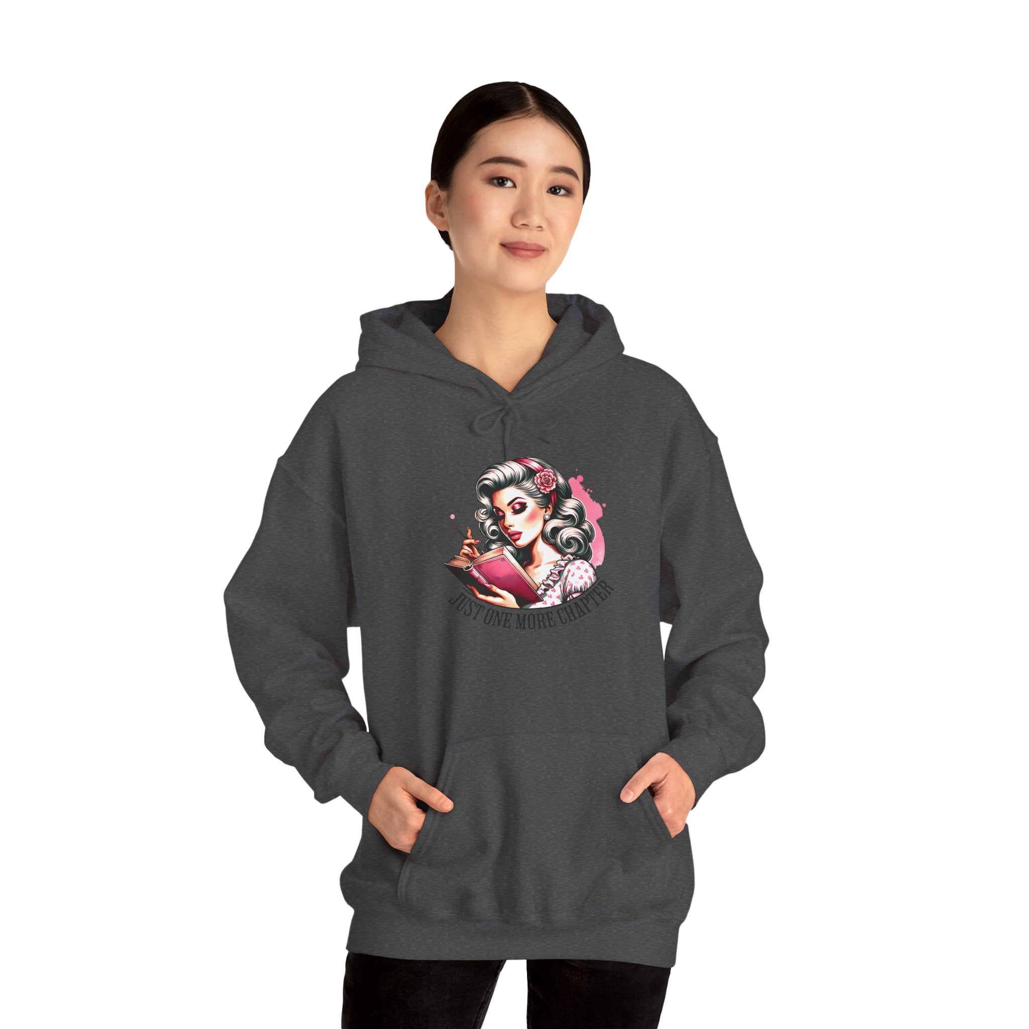 Hoodie — Retro Pin-Up Reader “Just One More Chapter” Cozy Book Lover Sweatshirt
