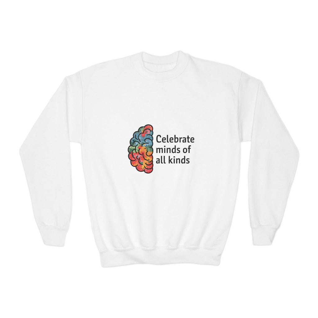 Celebrate Minds Youth Crewneck Sweatshirt — Colorful Brain Design