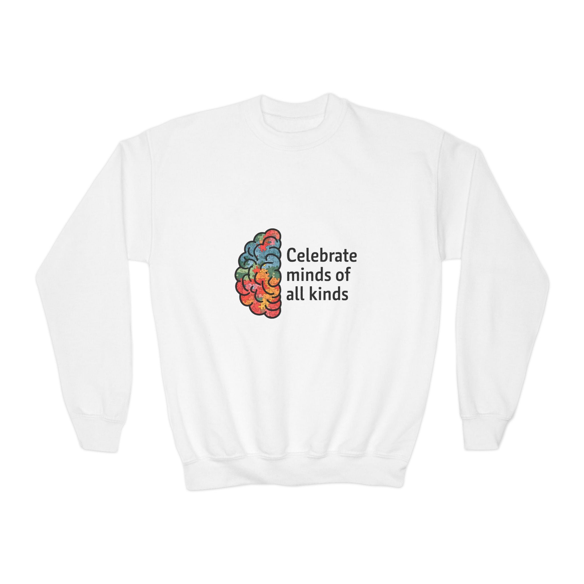 Celebrate Minds Youth Crewneck Sweatshirt — Colorful Brain Design