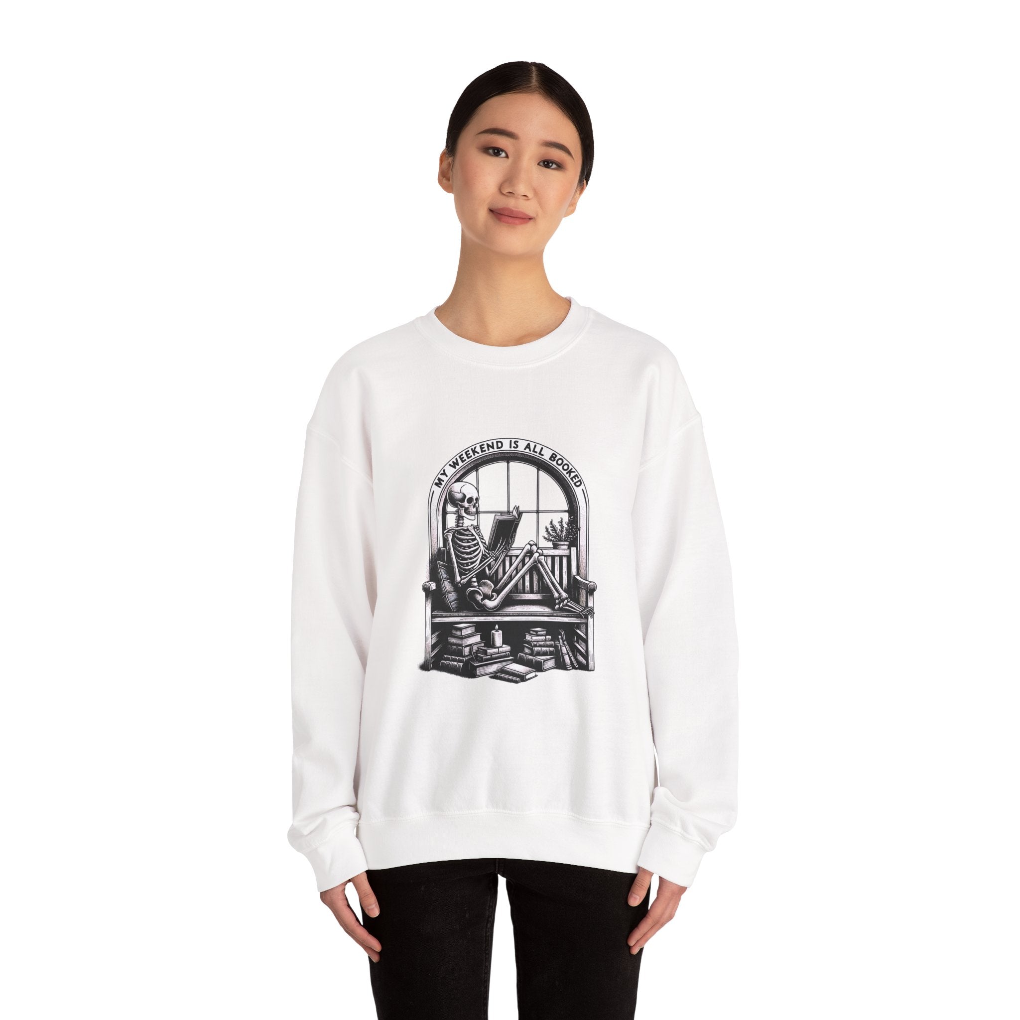 Skeleton Reading Sweatshirt — "My Weekend Is All Booked" Cozy Crewneck