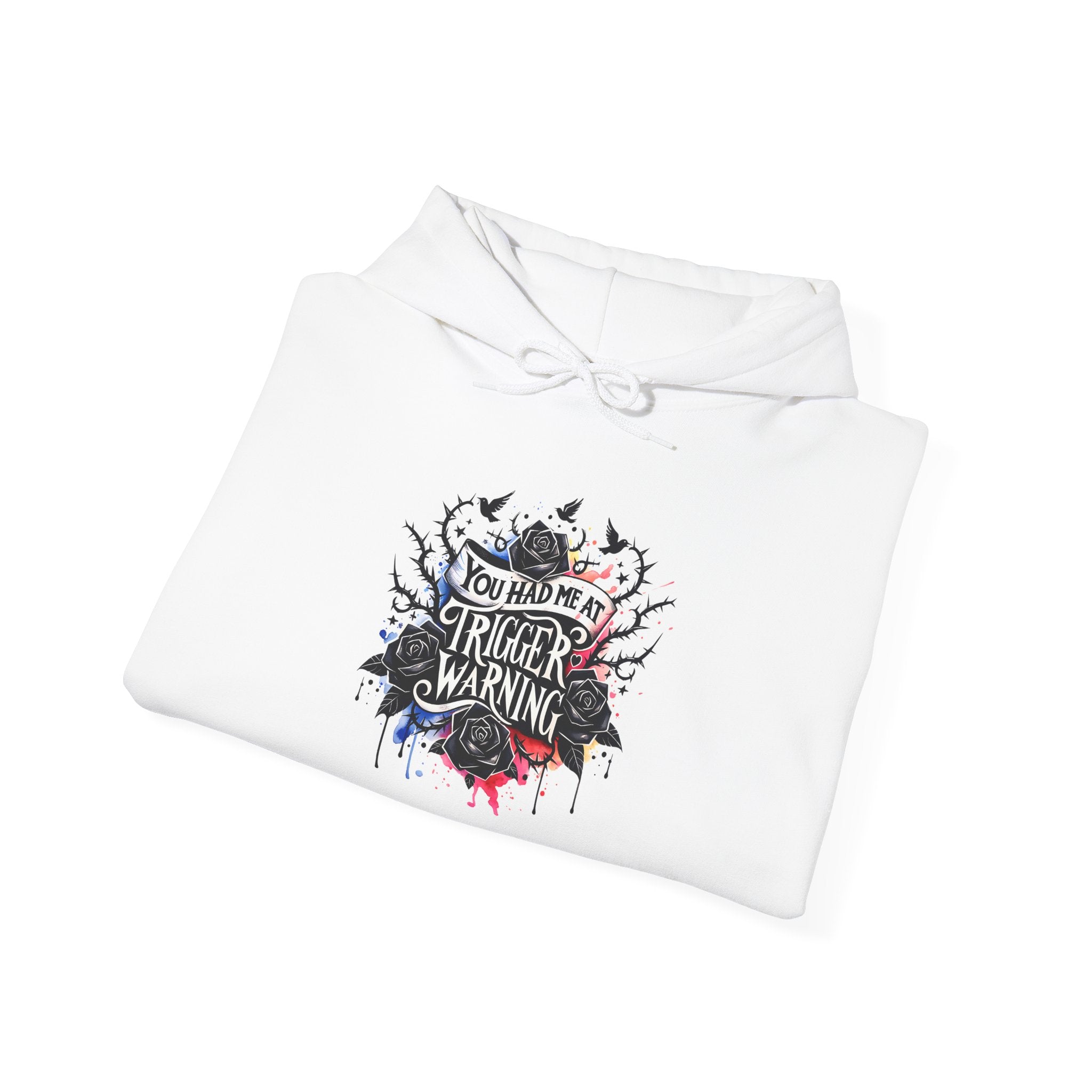 Trigger Warning Graphic Hoodie — Edgy Drip Paint Design
