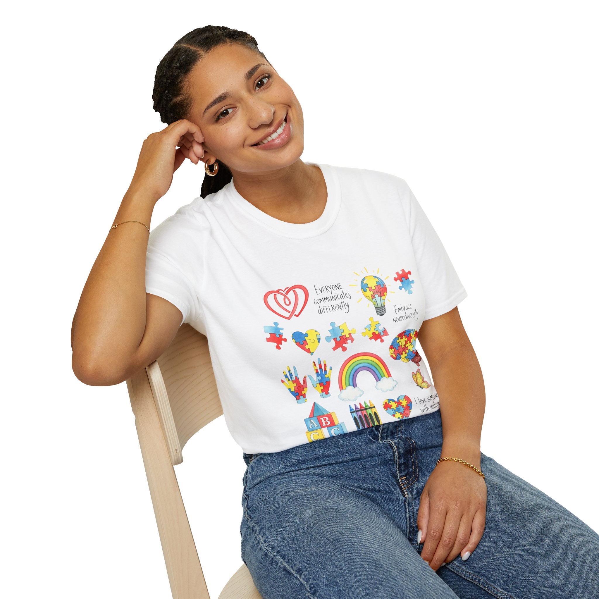 Autism Awareness Icons T-Shirt – Puzzle Heart, Rainbow & Support Symbols