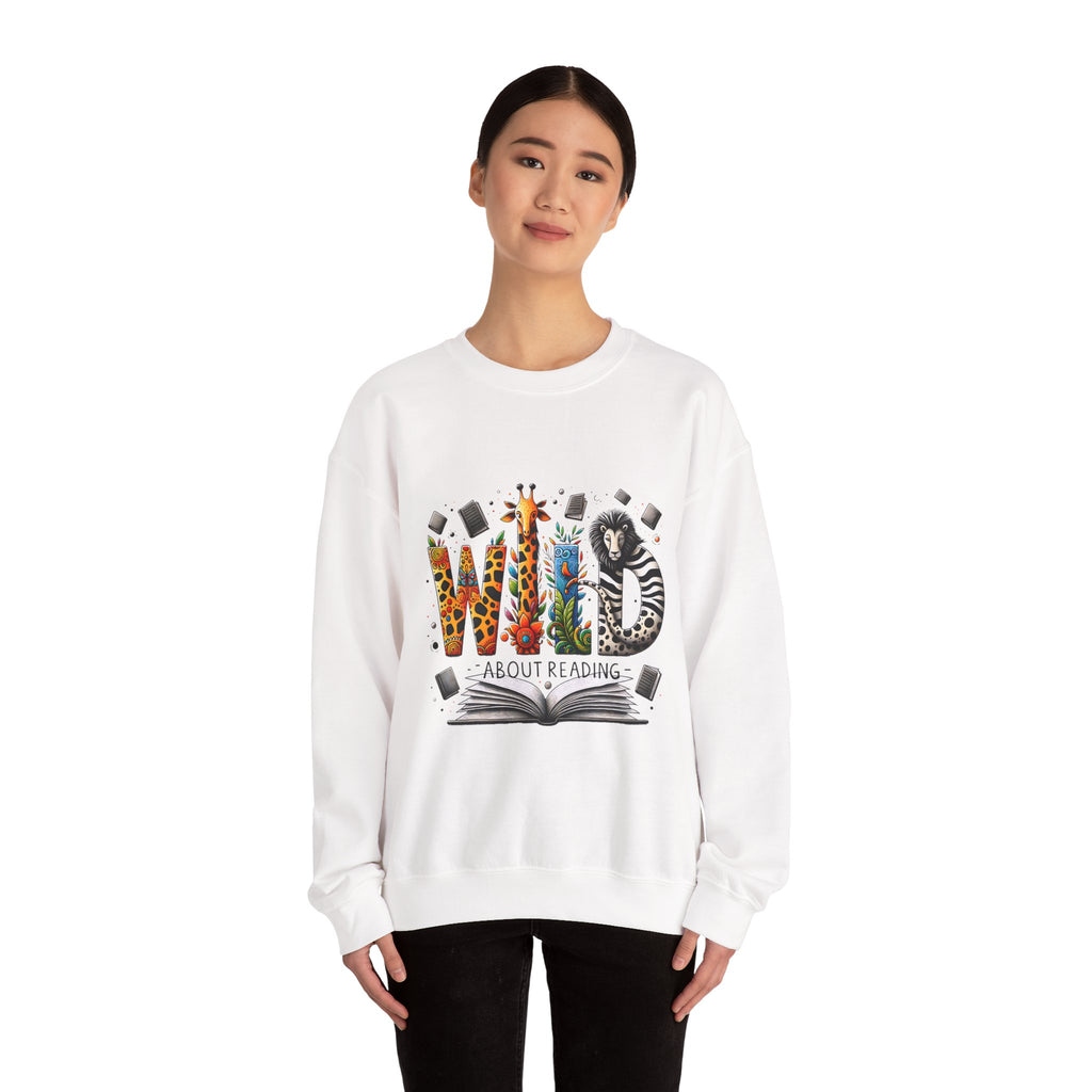 Sweatshirt — "Wild About Reading" Animal Letters Book Lover Crewneck