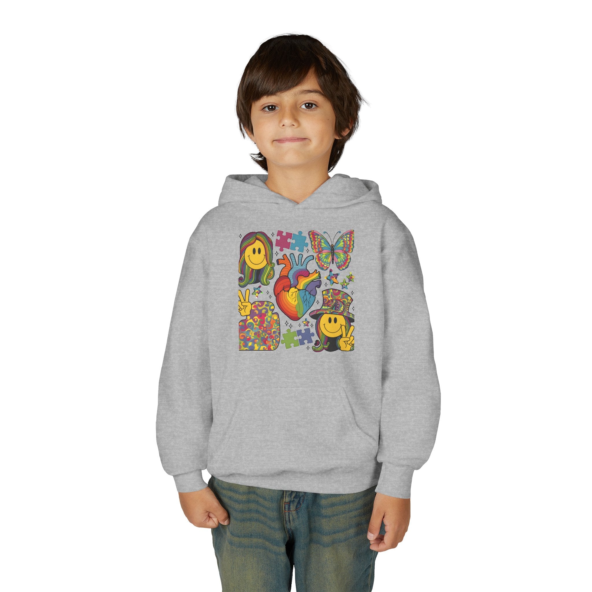 Youth Hoodie — Colorful Retro Smiley & Puzzle Heart Graphic