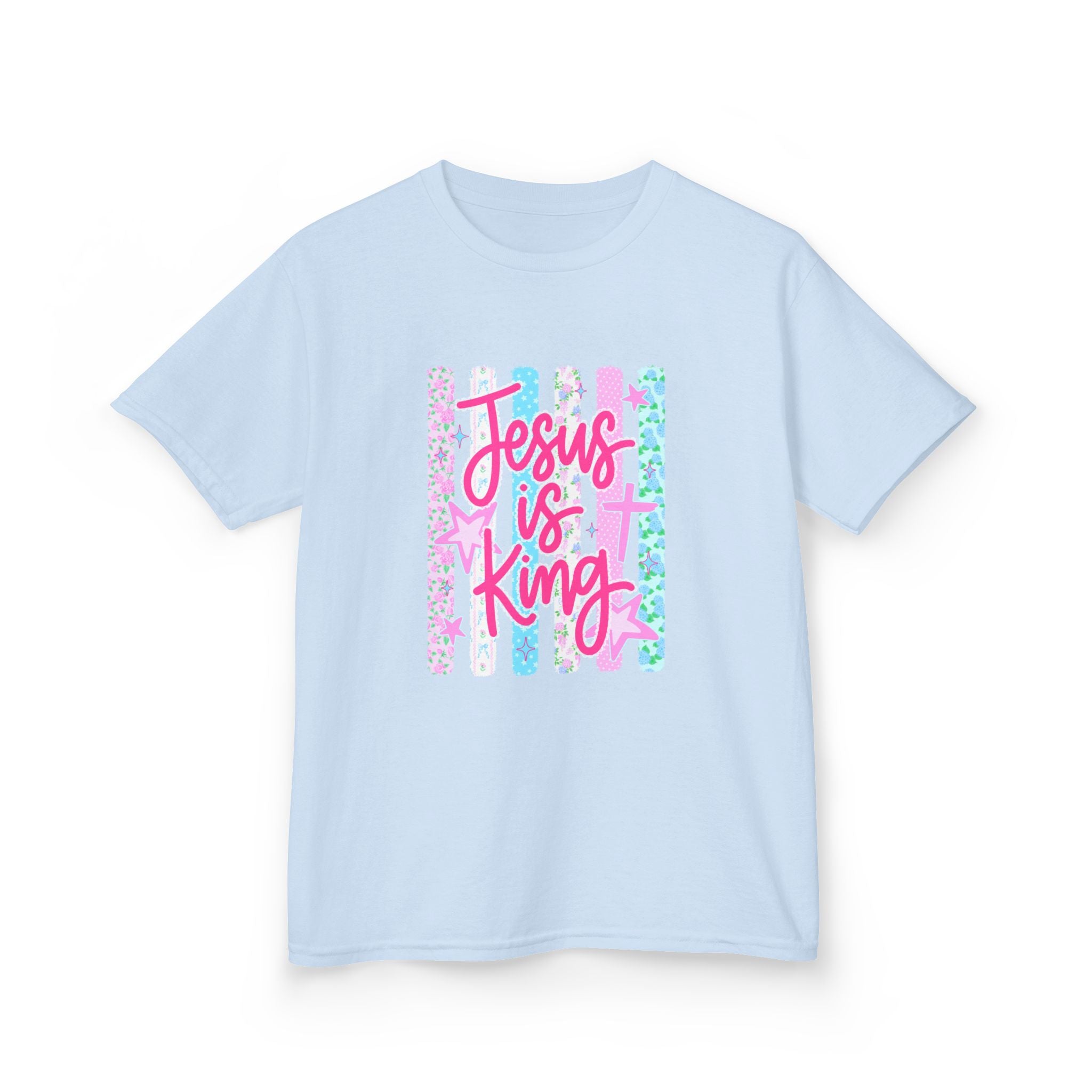 Kids Tee — "Jesus Is King" Pastel Striped Christian T‑Shirt
