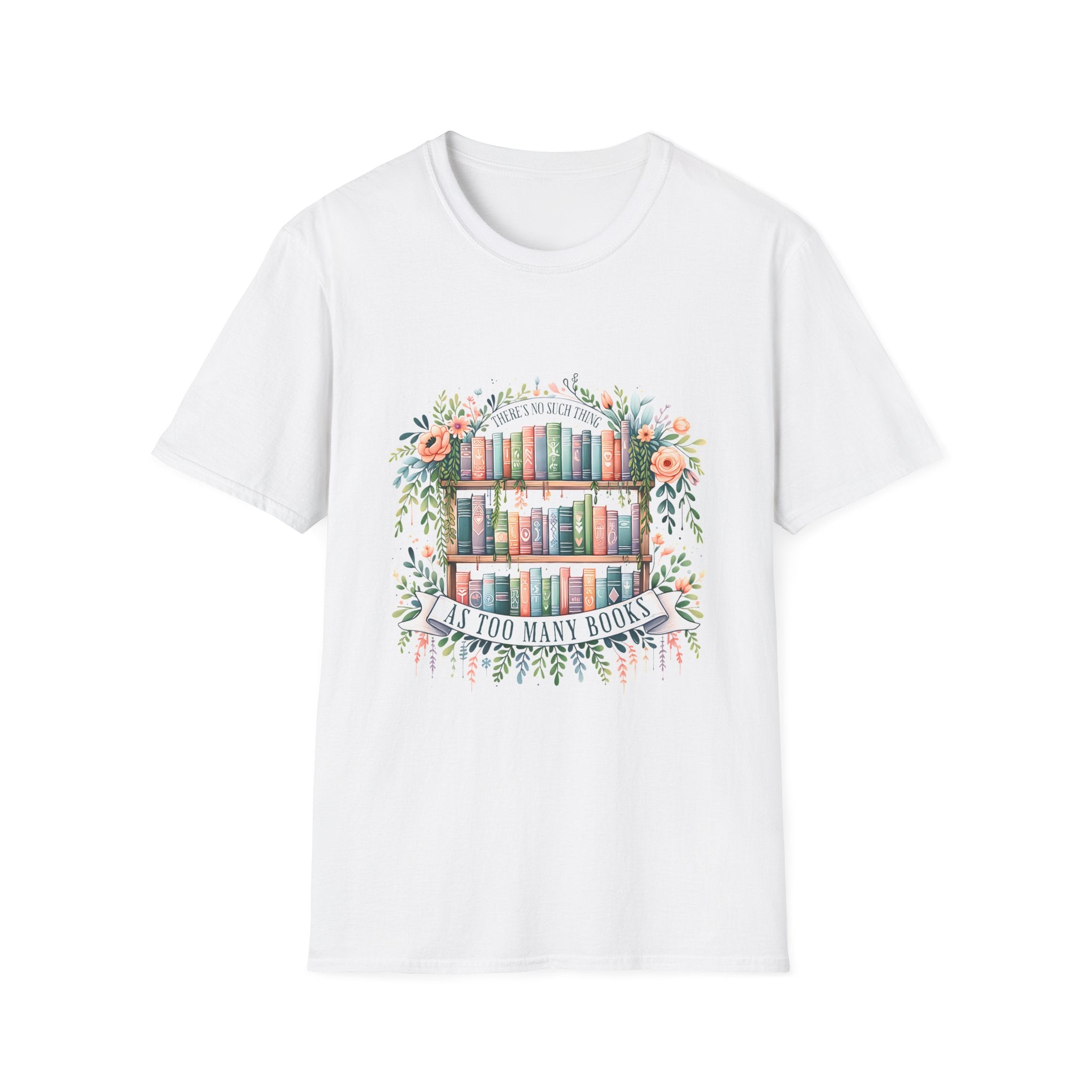 Booklover T-Shirt — Floral Bookshelf "Too Many Books" Graphic Tee