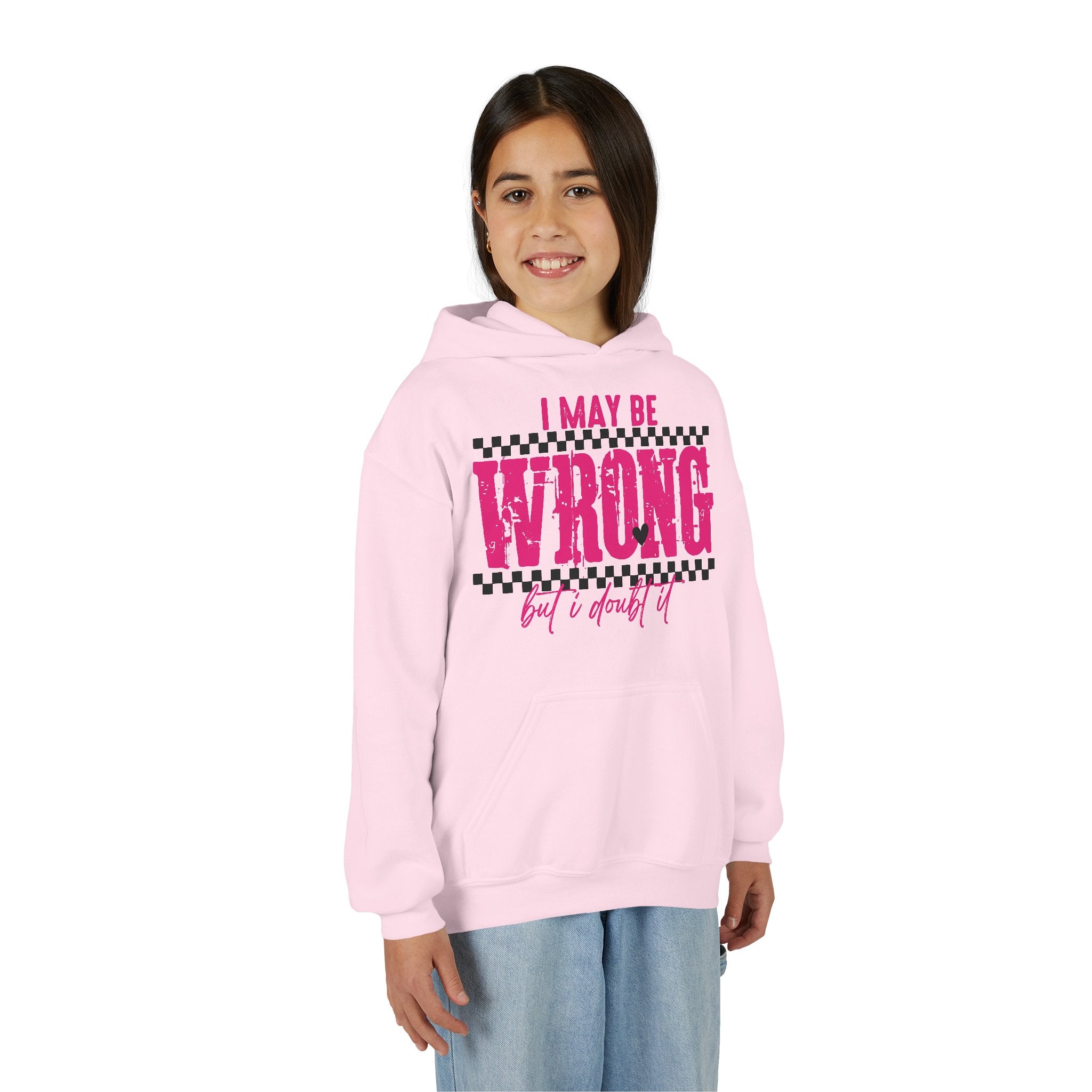 Youth Hoodie — "I May Be Wrong (But I Doubt It)" Pink Checker Graphic