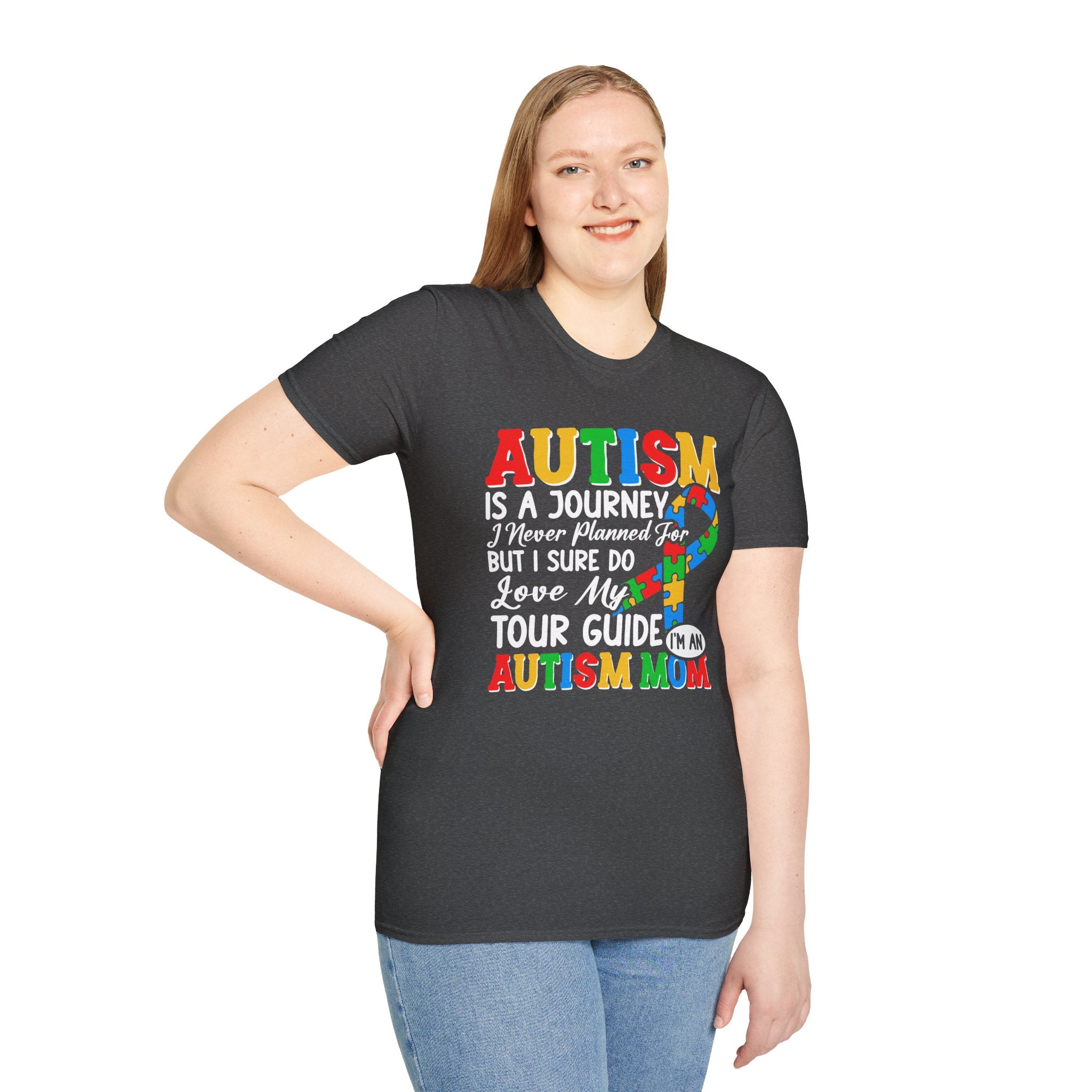 Autism Mom T-Shirt – “Autism Is a Journey…I Love My Tour Guide” Puzzle Ribbon Tee