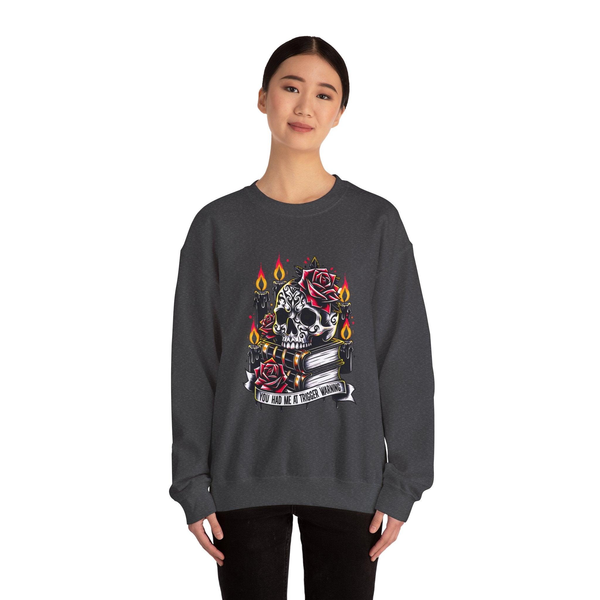 Skull & Rose Candle Crewneck Sweatshirt — Gothic Vintage Tattoo Design