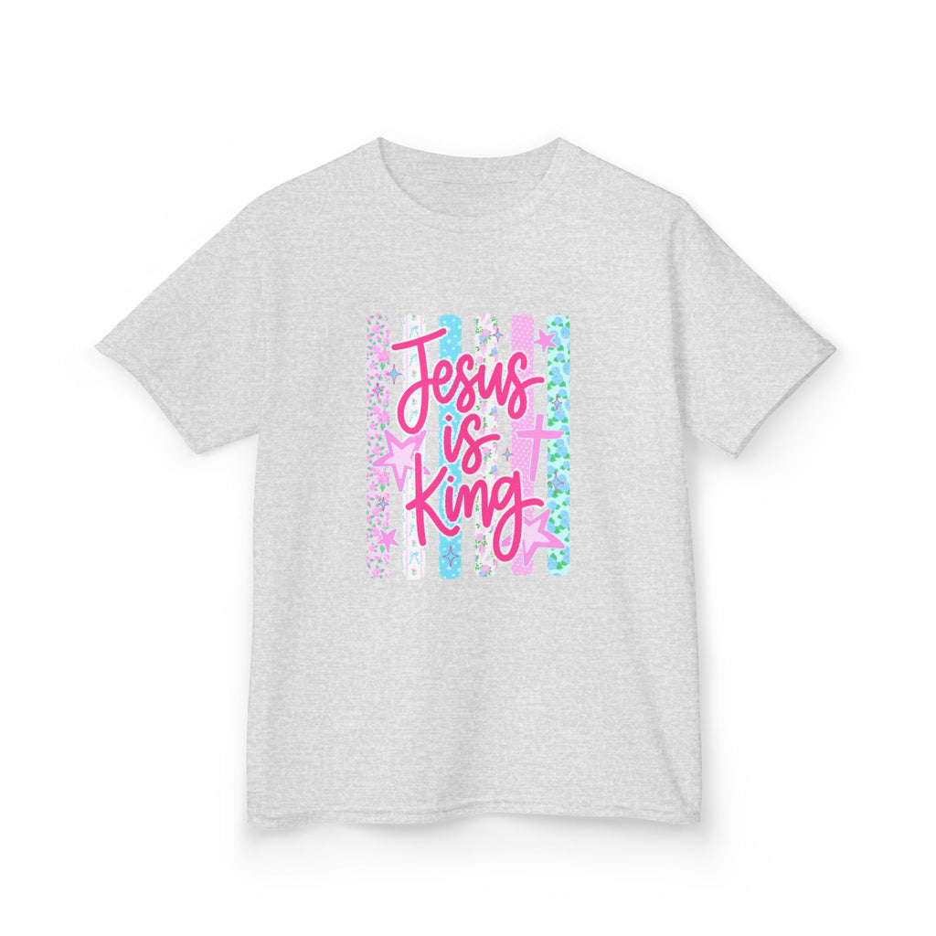Kids Tee — "Jesus Is King" Pastel Striped Christian T‑Shirt