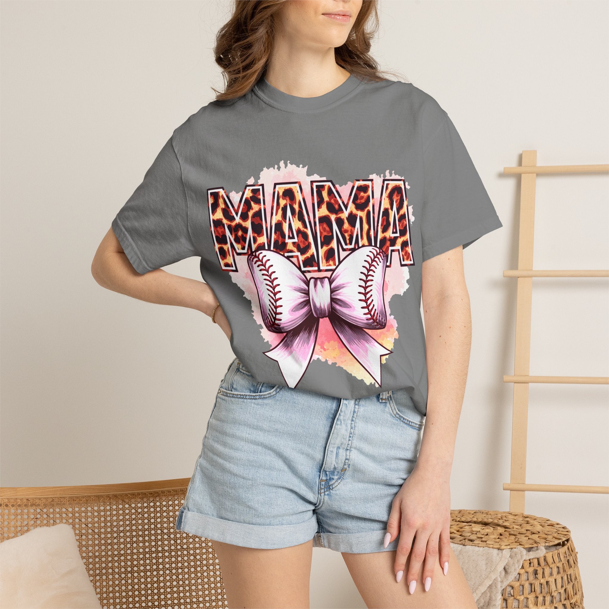 Mama Softball Tee — Leopard Print 'MAMA' with Bow