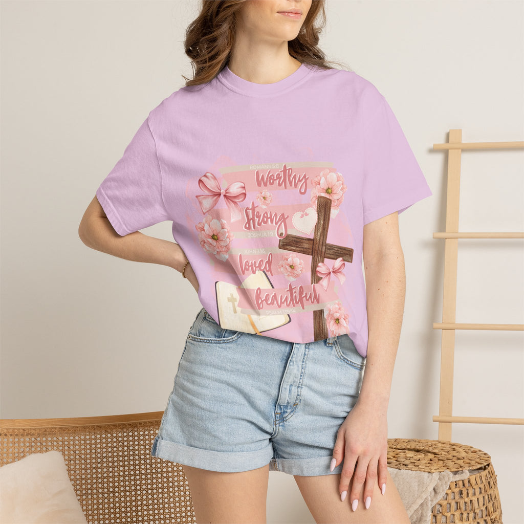 Christian Inspirational T-Shirt — "Worthy Strong Loved Beautiful" Cross & Bible Design
