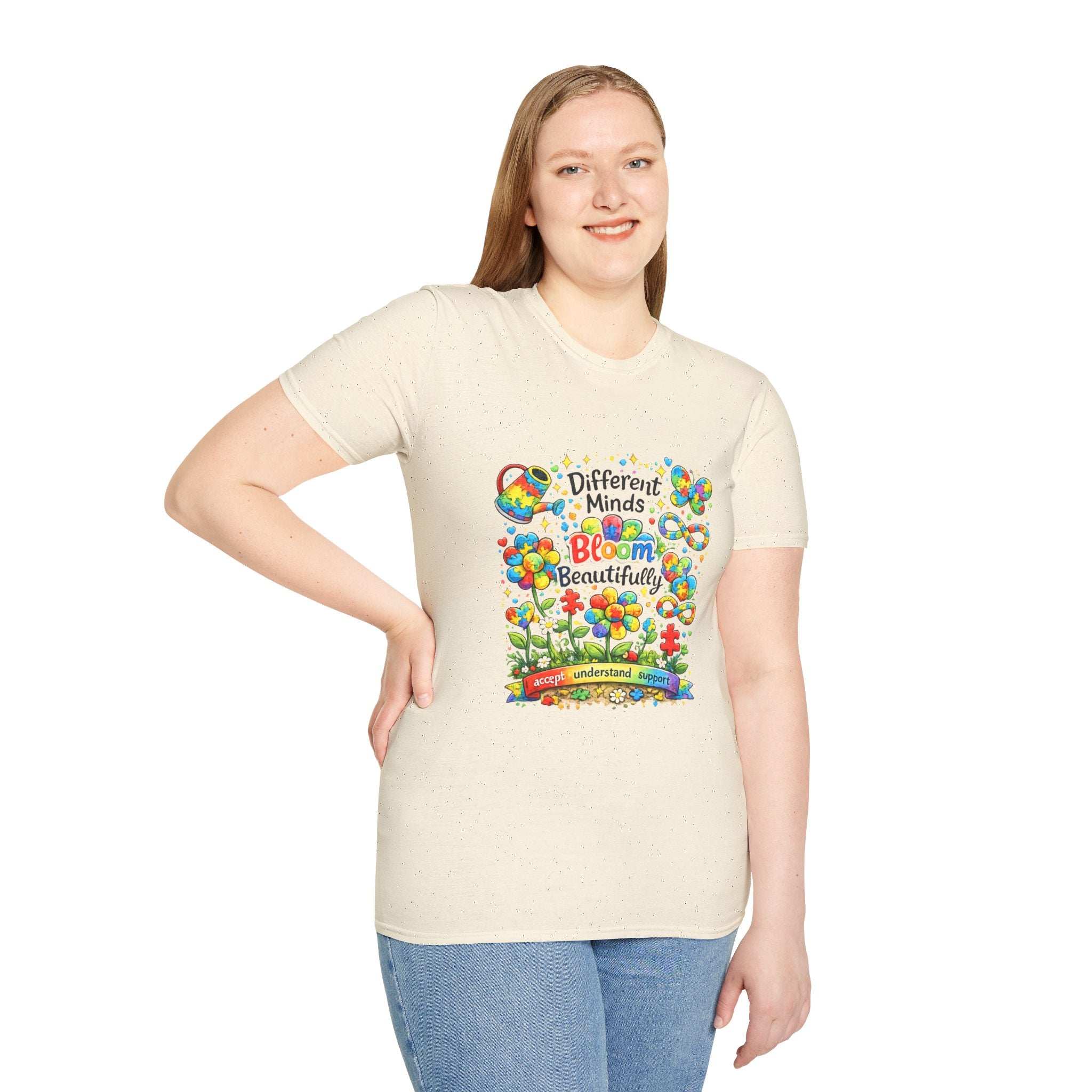 Autism Awareness T-Shirt – "Different Minds Bloom Beautifully" Colorful Puzzle Heart Design