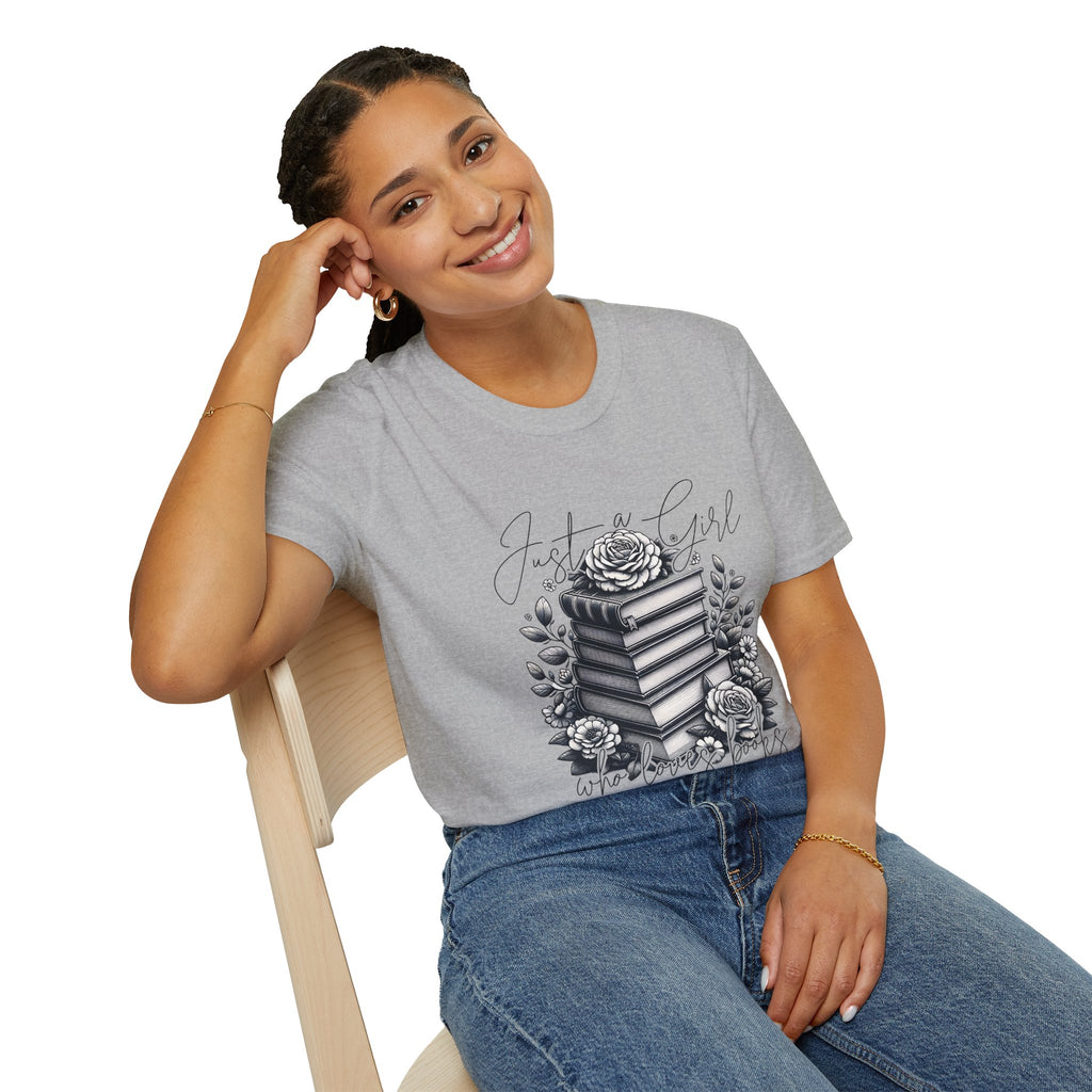 Book Lover T-Shirt — "Just a Girl Who Loves Books" Floral Stack Design