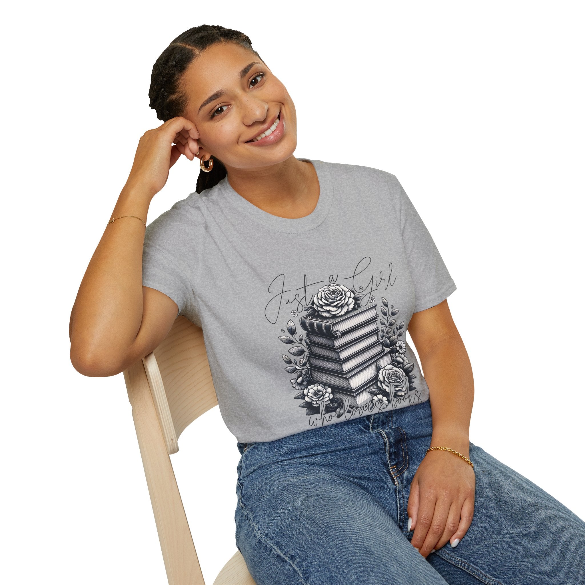 Book Lover T-Shirt — "Just a Girl Who Loves Books" Floral Stack Design