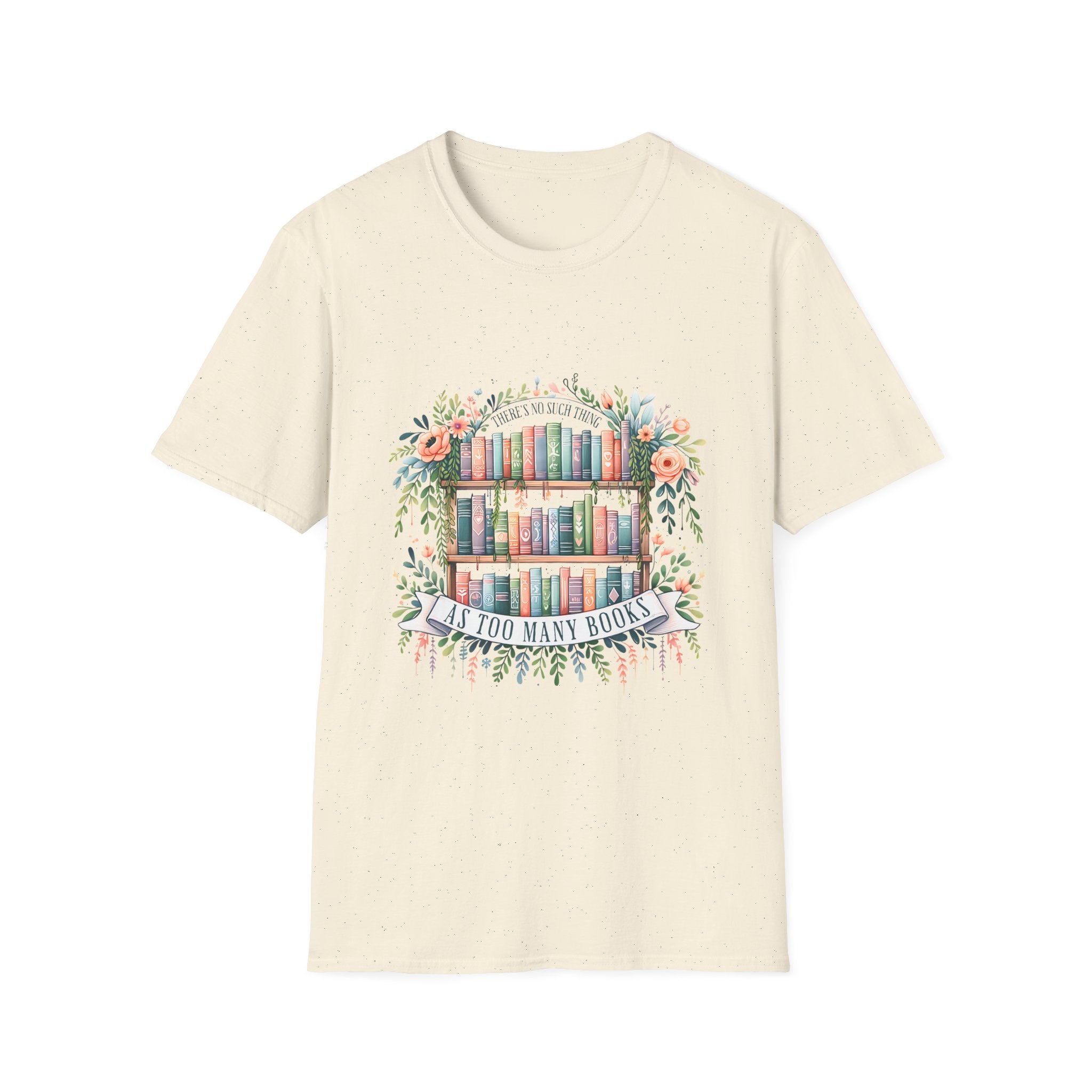 Booklover T-Shirt — Floral Bookshelf "Too Many Books" Graphic Tee