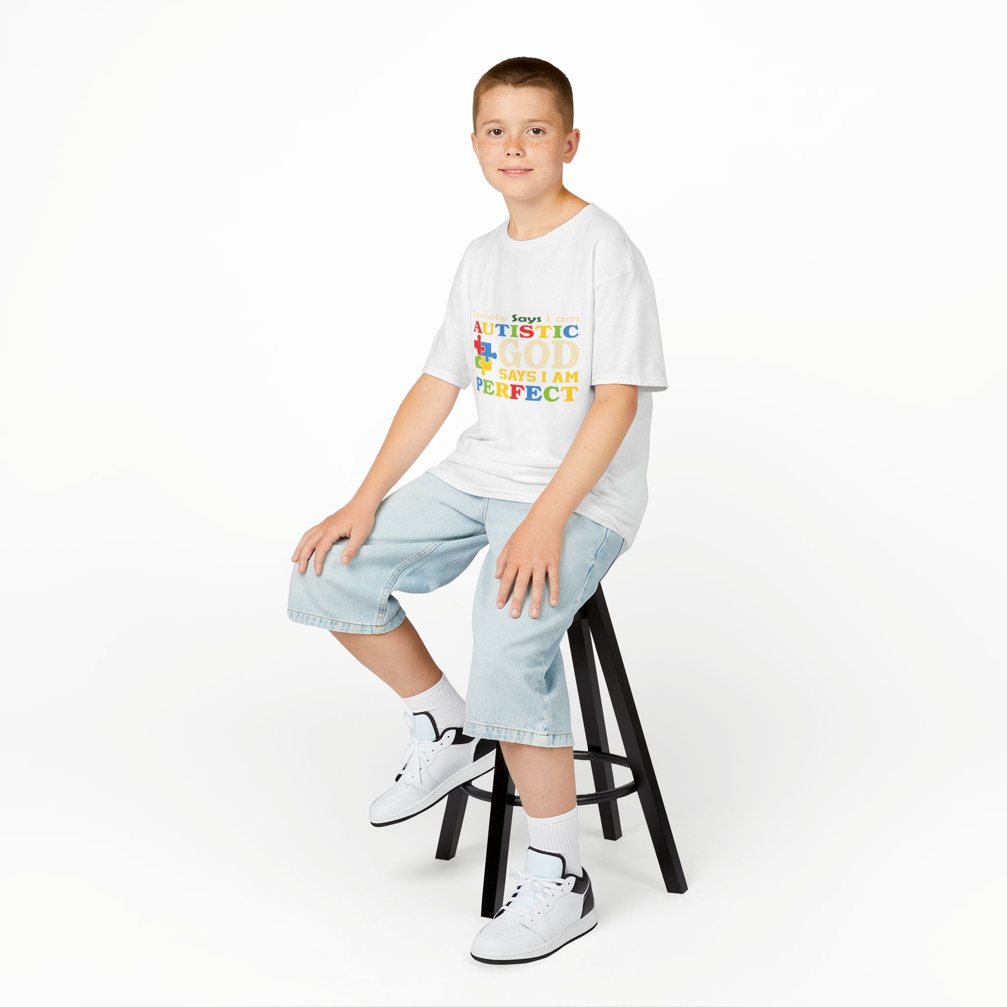 Kids Tee — "Autistic Says God Says I Am Perfect" Rainbow Puzzle Piece Autism Awareness Shirt
