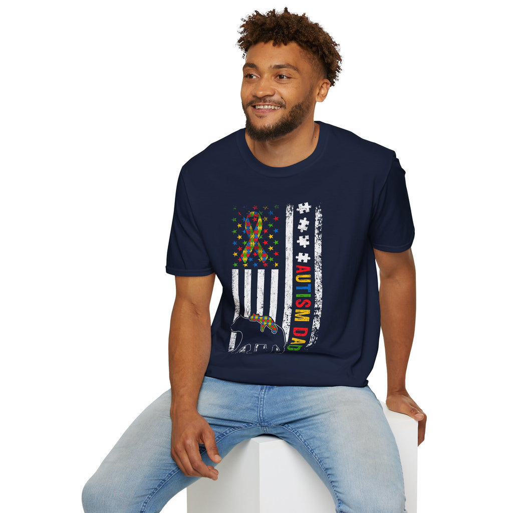 Autism Dad Flag T-Shirt — Puzzle Ribbon Elephant Pride Tee