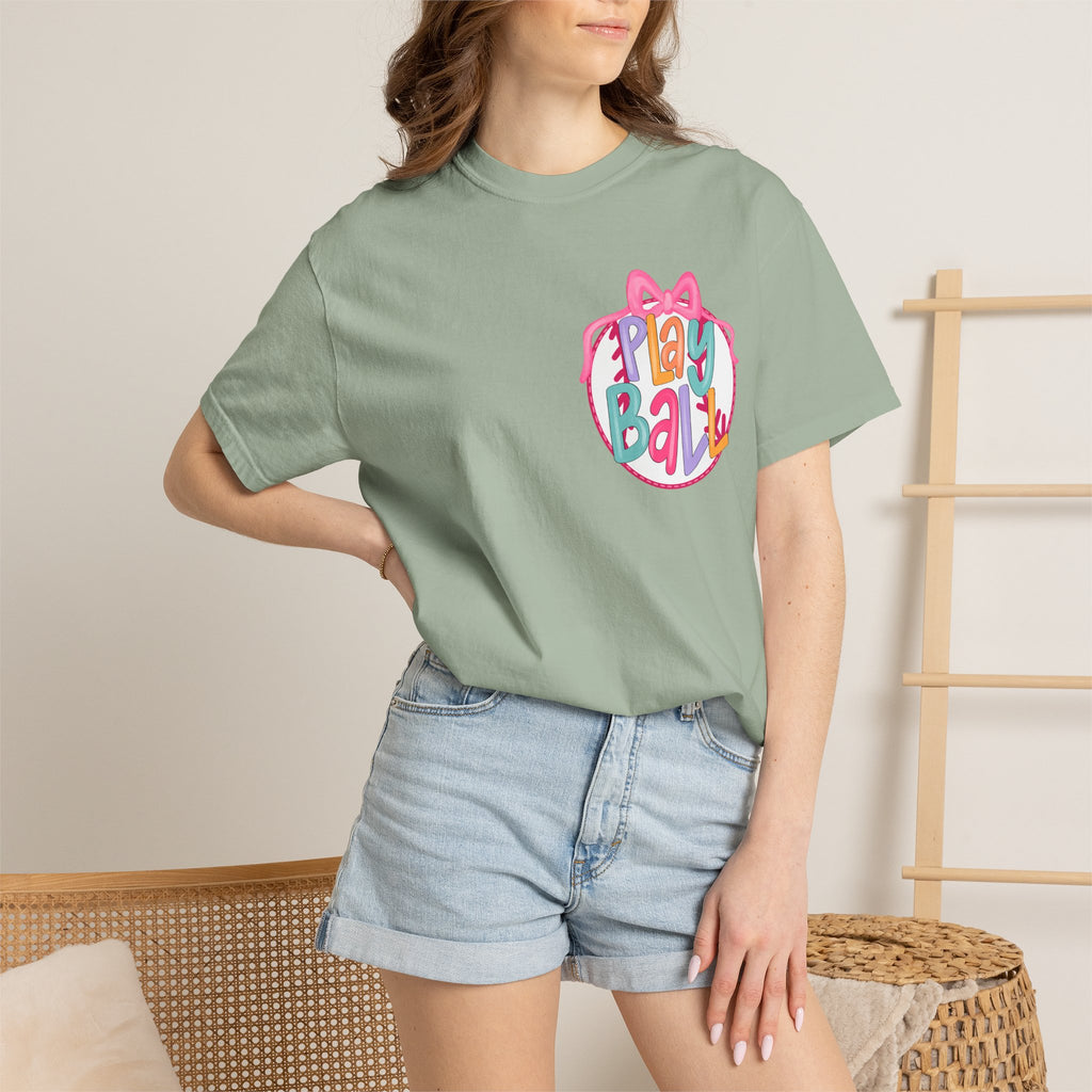 Softball Tee — "Play Ball" Front & "Pitch, Batter, Batter, Swing" Heart Back