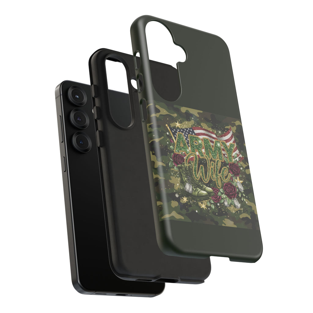 Army Wife Tough Phone Case — Camo Flag Design with Roses